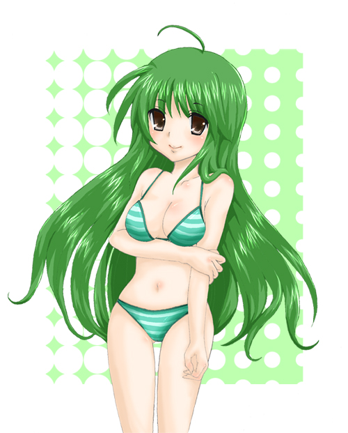 ranran, 1girl, ahoge, bikini, blush, brown eyes, cropped legs, female focus, green bikini, green hair, light smile, long hair, looking at viewer, navel, smile, solo, striped bikini, striped clothes, swimsuit, thigh gap