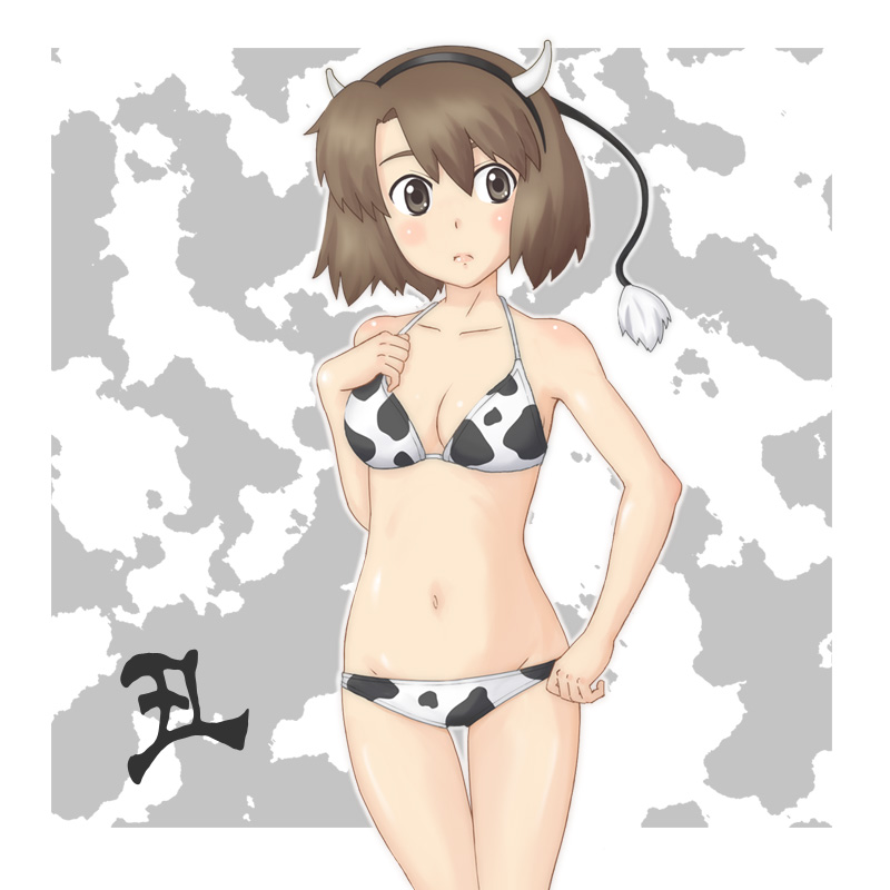 yukinabe, original, 1girl, animal print, bikini, brown eyes, cardigan, cow print, cow tail, female focus, hairband, horns, lowleg, lowleg bikini, short hair, solo, swimsuit, tail