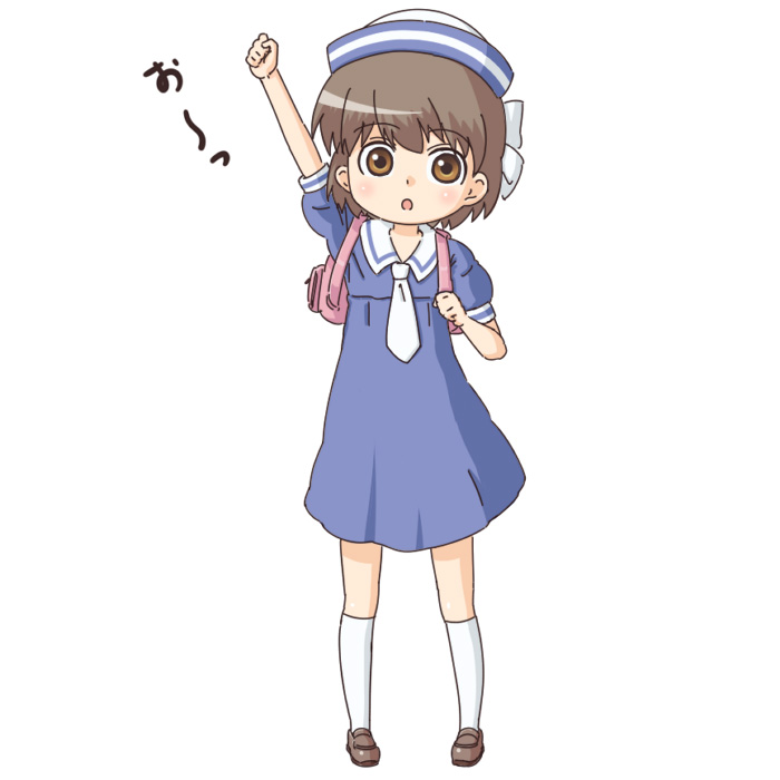yukinabe, okazaki ushio, clannad, white legwear, 00s, 1girl, backpack, bag, brown eyes, brown hair, brown shoes, child, clenched hands, dixie cup hat, dress, female focus, hat, military hat, raised fist, randoseru, sailor dress, school hat, school uniform, shoes, short hair, solo, standing