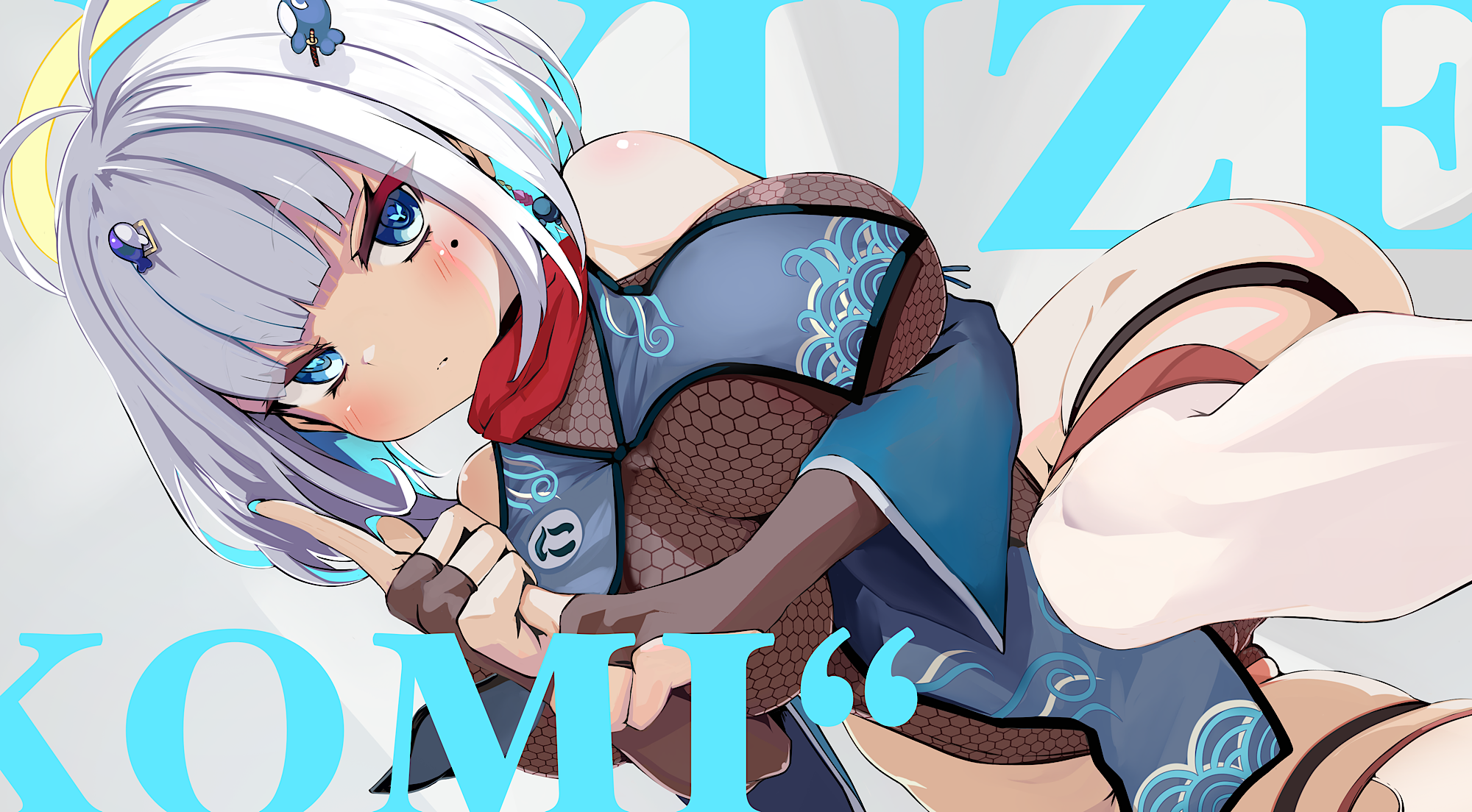 kajimakoto, ryuzen nikomi, indie virtual youtuber, zenless zone zero, highres, 1girl, antenna hair, aqua nails, black gloves, blue eyes, blush, bodystocking, breasts, character name, cleavage, closed mouth, fang, fingerless gloves, fishnet bodystocking, fishnets, gloves, hair ornament, hairpin, large breasts, looking at viewer, mindscape cinema (zenless zone zero), mole, mole under eye, nail polish, short hair, solo, thigh strap, virtual youtuber, white hair