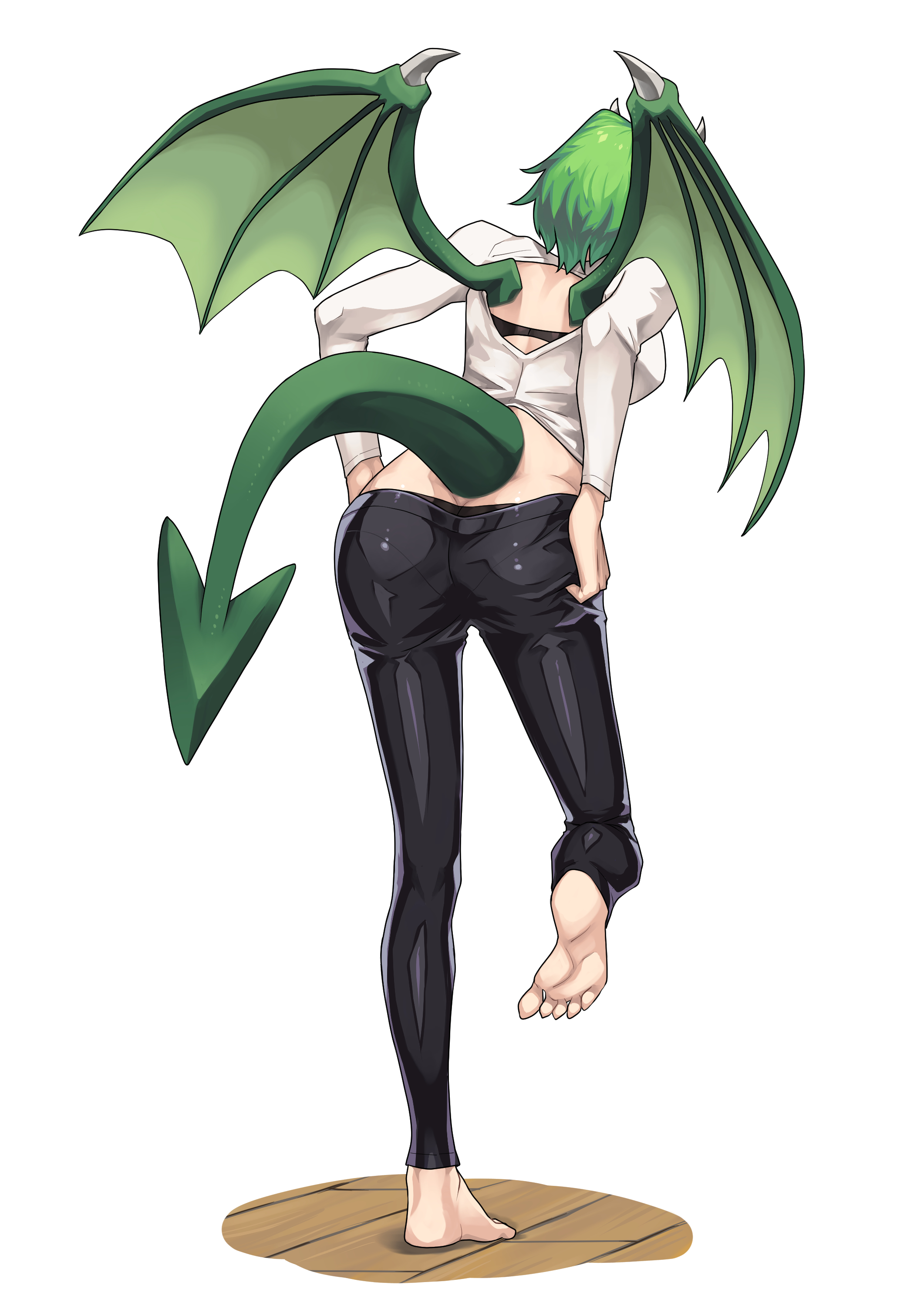 draco centauros, puyopuyo, absurdres, commentary request, highres, 1girl, ass, backless outfit, bare back, barefoot, black bra, bra, bra strap, butt crack, dra combo, dragon girl, dragon horns, dragon tail, good ass day, grabbing own ass, green hair, horns, leather, leather pants, lifting own clothes, pants, shiny clothes, short hair, simple background, solo, sweater, tail, tight clothes, tight pants, underwear, white sweater, wooden floor