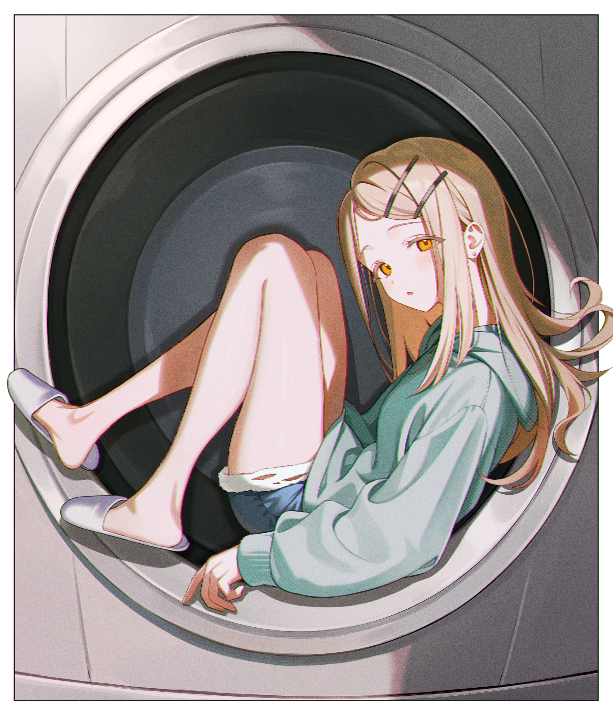 pipipipyu, shinosawa hiro, gakuen idolmaster, idolmaster, commentary request, highres, 1girl, :o, blonde hair, blue shorts, green jacket, hair ornament, hairclip, hood, hooded jacket, jacket, legs, long hair, long sleeves, looking at viewer, orange eyes, shorts, sitting, solo, thighs