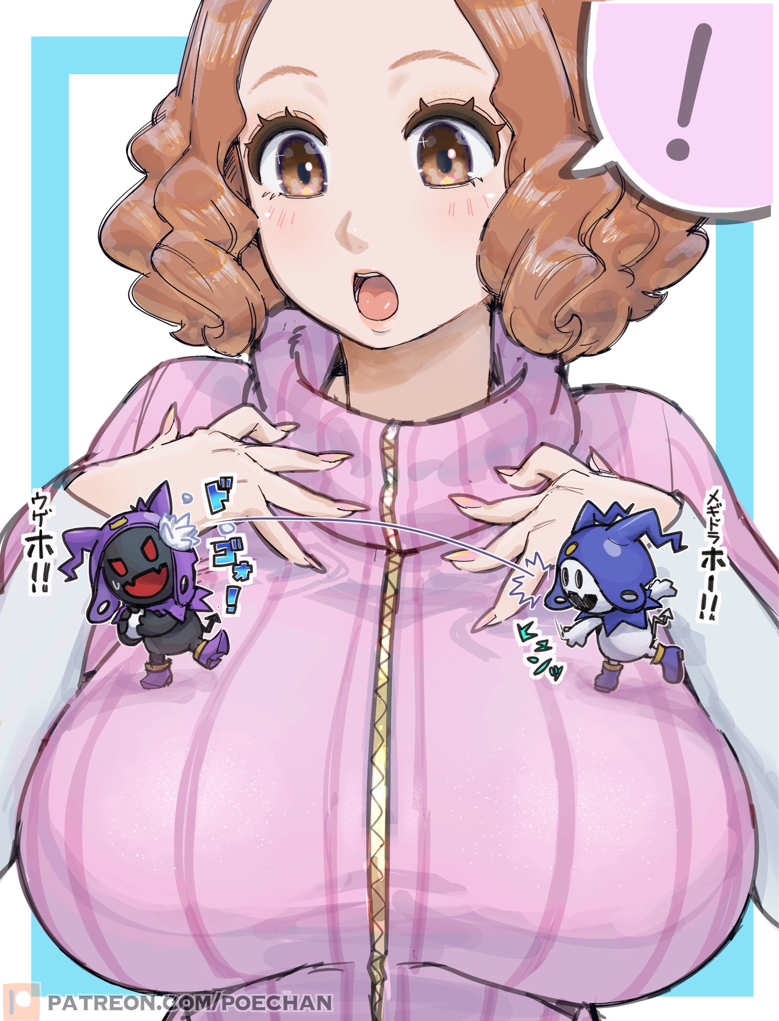 poechan chan, black frost, jack frost (megami tensei), okumura haru, persona, persona 5, commentary request, highres, translation request, !, 1girl, blush, breasts, brown eyes, brown hair, curly hair, large breasts, long sleeves, medium hair, open mouth, patreon username, pink sweater, snowball, snowball fight, spoken exclamation mark, surprised, sweater, upper body