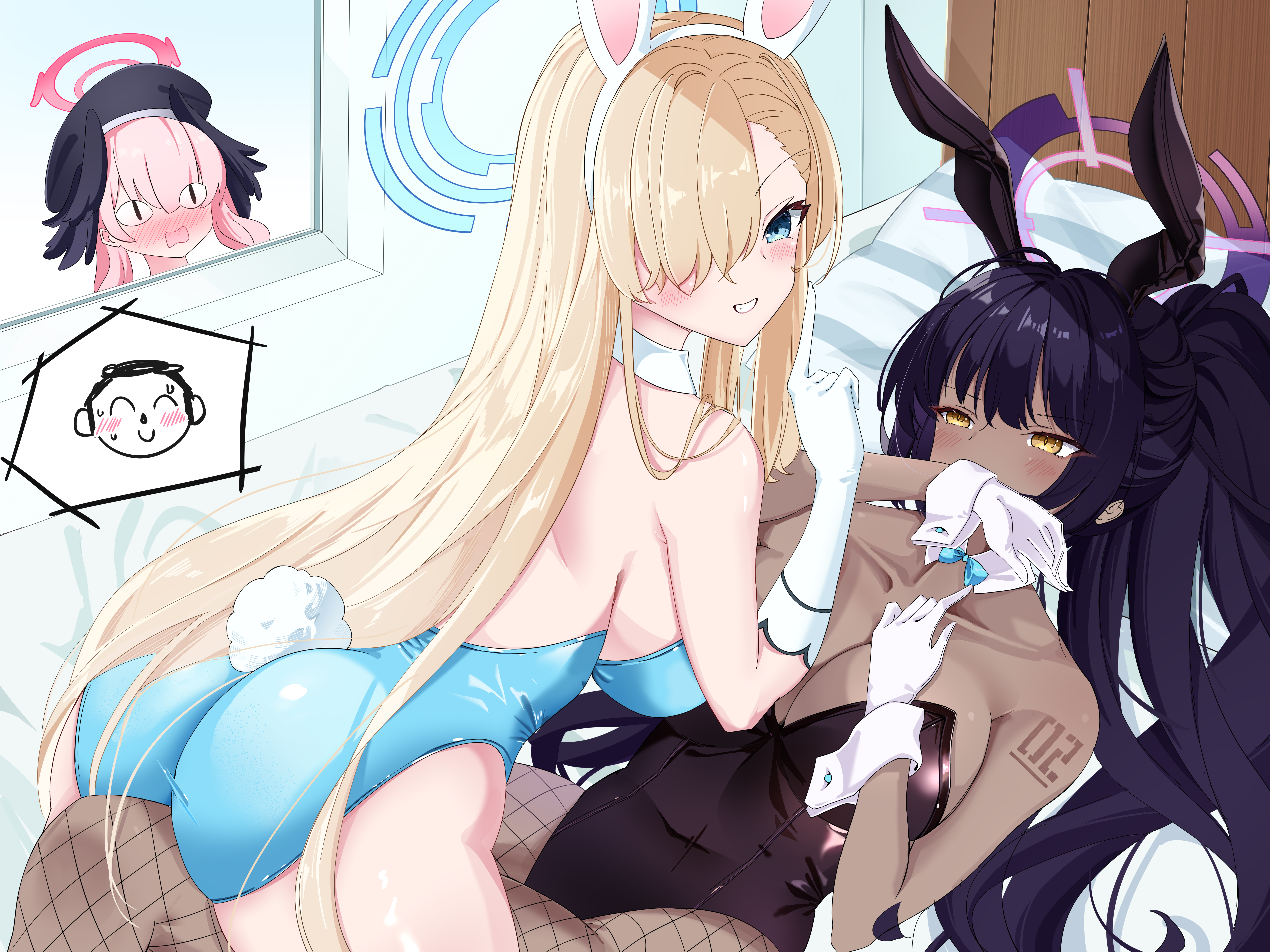 rainseason, asuna (blue archive), asuna (bunny) (blue archive), karin (blue archive), karin (bunny) (blue archive), koharu (blue archive), blue archive, absurdres, commentary request, highres, variant set, 3girls, animal ears, ass, black leotard, blonde hair, blue eyes, blue halo, blue leotard, blush, bow, bowtie, breasts, collarbone, dark-skinned female, dark skin, detached collar, fake animal ears, fake tail, feet out of frame, fishnet pantyhose, fishnets, full-face blush, gloves, hair over one eye, halo, indoors, large breasts, leotard, long hair, looking at another, looking at viewer, looking inside, multiple girls, no legwear, number tattoo, official alternate costume, on bed, pantyhose, pillow, pink hair, pink halo, playboy bunny, purple hair, purple halo, rabbit ears, rabbit tail, strapless, strapless leotard, tail, tattoo, traditional bowtie, very long hair, white gloves, window, yellow eyes