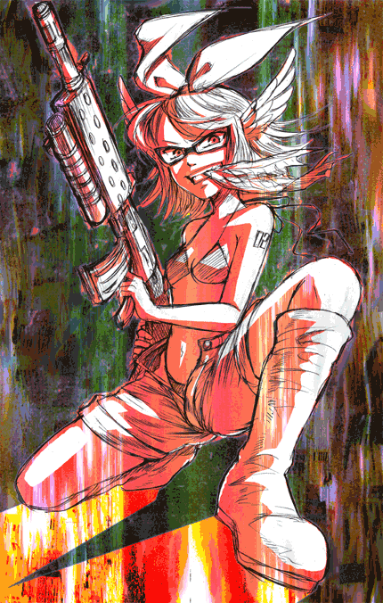 paramita, kagamine rin, noroi no megane (vocaloid), vocaloid, 1girl, bikini, bikini top only, boots, bow, female focus, flat chest, glasses, grin, gun, hair bow, head wings, machine gun, monochrome, mouth hold, red theme, shorts, smile, solo, swimsuit, unzipped, weapon, wings