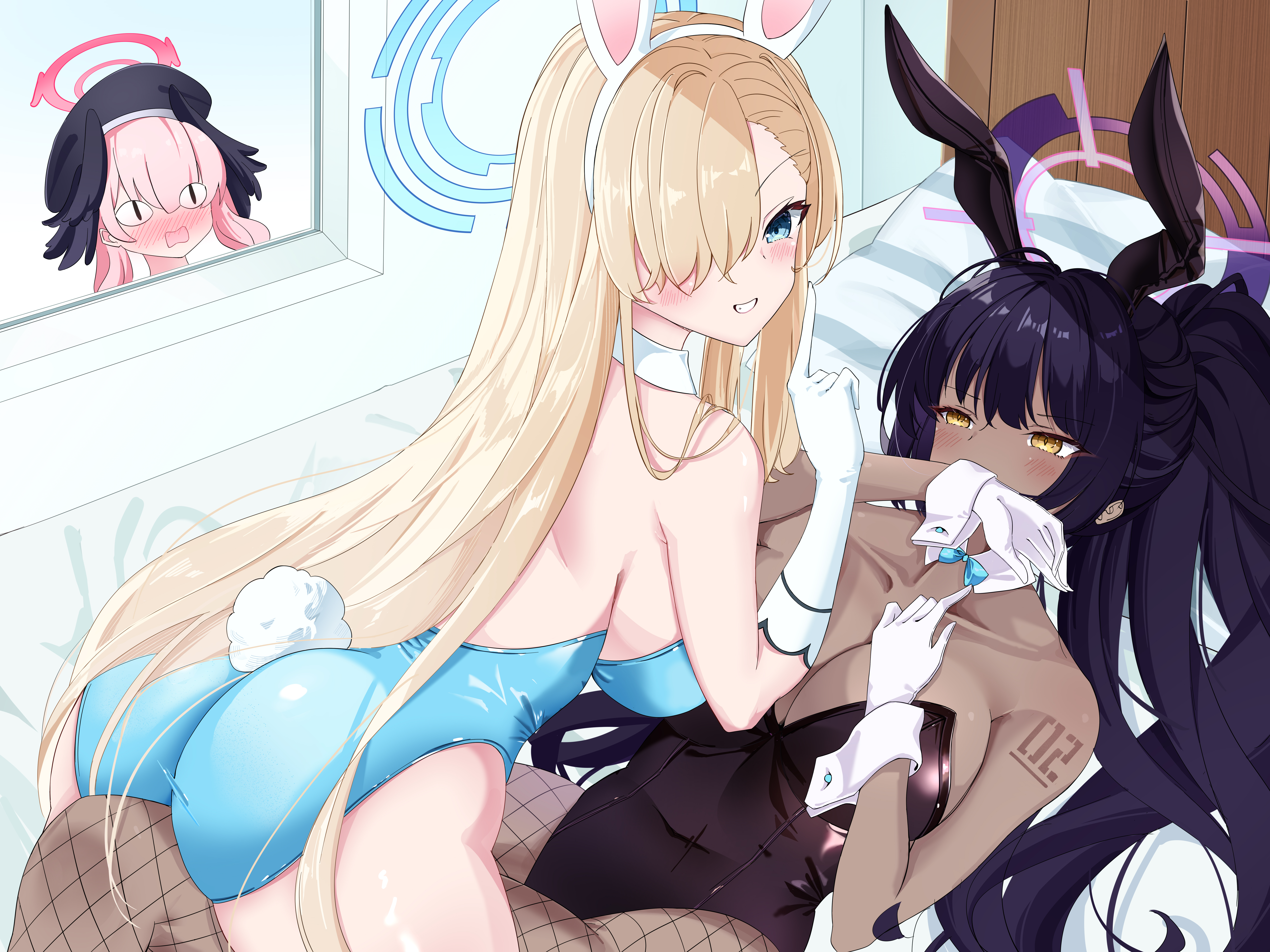 rainseason, asuna (blue archive), asuna (bunny) (blue archive), karin (blue archive), karin (bunny) (blue archive), koharu (blue archive), blue archive, absurdres, commentary request, highres, variant set, 3girls, animal ears, ass, black leotard, blonde hair, blue eyes, blue halo, blue leotard, blush, bow, bowtie, breasts, collarbone, dark-skinned female, dark skin, detached collar, fake animal ears, fake tail, feet out of frame, fishnet pantyhose, fishnets, full-face blush, gloves, hair over one eye, halo, indoors, large breasts, leotard, long hair, looking at another, looking at viewer, looking inside, multiple girls, no legwear, number tattoo, official alternate costume, on bed, pantyhose, pillow, pink hair, pink halo, playboy bunny, purple hair, purple halo, rabbit ears, rabbit tail, strapless, strapless leotard, tail, tattoo, traditional bowtie, very long hair, white gloves, window, yellow eyes