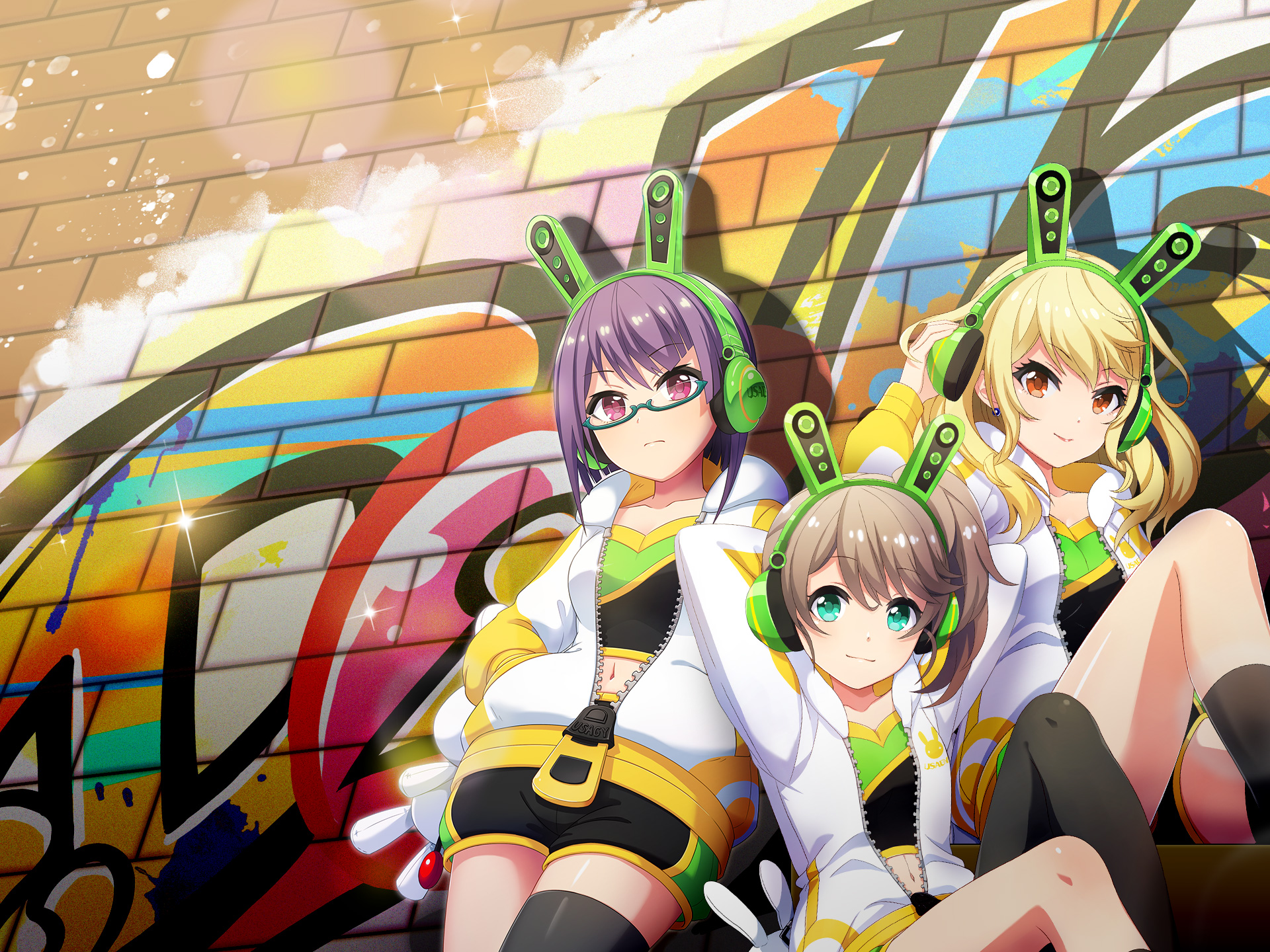 hiyo (project tokyo dolls), nanami (project tokyo dolls), reina (project tokyo dolls), project tokyo dolls, highres, against wall, animal ear headphones, animal ears, arms behind head, asymmetrical legwear, black pantyhose, black shorts, black socks, black thighhighs, blonde hair, breasts, brick wall, brown hair, closed mouth, collarbone, fake animal ears, glasses, graffiti, green-framed eyewear, green eyes, hands in pockets, headphones, high side ponytail, hood, hooded jacket, jacket, knee up, long sleeves, looking at viewer, medium breasts, medium hair, midriff, navel, orange eyes, pantyhose, partially unzipped, ponytail, purple eyes, purple hair, rabbit ear headphones, rabbit ears, semi-rimless eyewear, short hair, short ponytail, shorts, single thighhigh, sitting, small breasts, smile, socks, streetwear, thighhighs, under-rim eyewear, white jacket, zipper pull tab