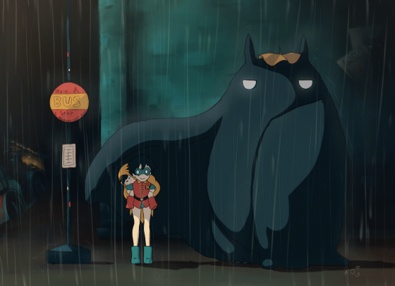 batman, dick grayson, jason todd, robin (dc), totoro, batman (series), dc comics, tonari no totoro, animated, animated gif, 3boys, black hair, brothers, bus stop, bus stop sign, cape, carrying, cosplay, domino mask, eye mask, impyssadobsessions, mask, multiple boys, parody, piggyback, rain, siblings, superhero costume, taking shelter, totoro (cosplay), totoro bus stop, yellow cape
