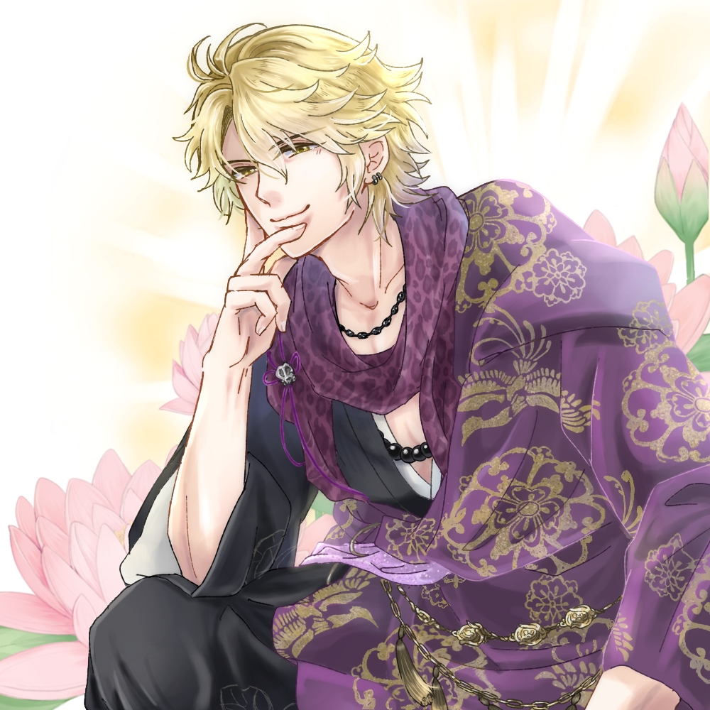 brothers conflict, commentary request, animal print, asahina kaname, beads, blonde hair, earrings, flower, hair between eyes, japanese clothes, jewelry, kesa, morino midori, pink flower, prayer beads, smile, yellow eyes