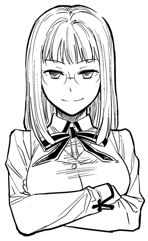 b suke, himuro kane, fate/stay night, fate (series), commentary request, 1girl, breasts, crossed arms, glasses, greyscale, homurabara academy school uniform, large breasts, monochrome, school uniform, smile, solo, upper body