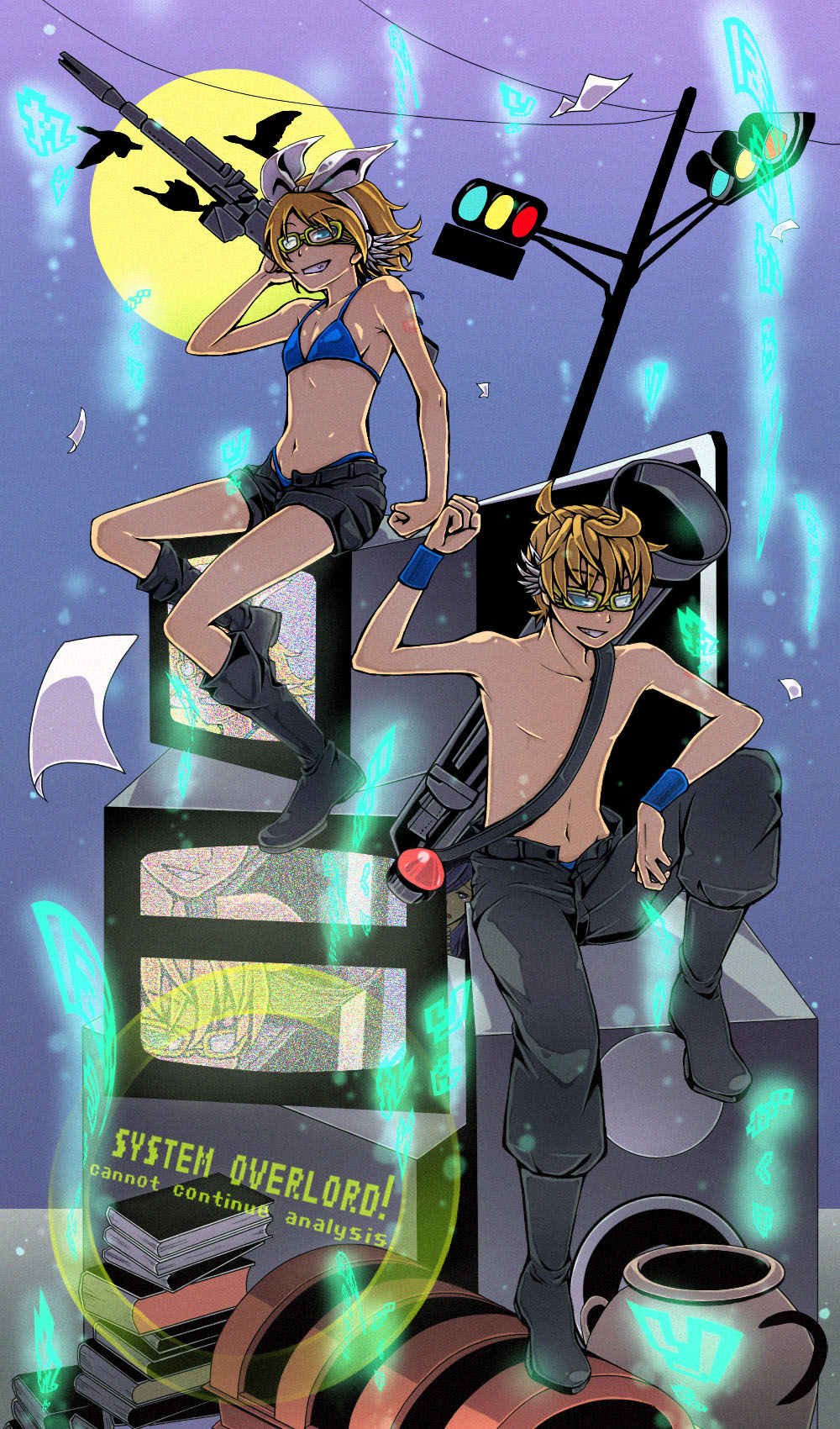 nocho, kagamine len, kagamine rin, noroi no megane (vocaloid), vocaloid, highres, 1boy, 1girl, baggy shorts, bikini, bikini bottom under shorts, bikini top only, bikini under clothes, bird, blonde hair, blue eyes, book, boots, bow, brother and sister, english text, engrish text, flat chest, glasses, glowing, grin, gun, hair bow, head wings, m1 bazooka, moon, puffy shorts, ranguage, rocket launcher, short hair, shorts, siblings, smile, swimsuit, television, topless female, topless male, traffic light, treasure chest, twins, vase, weapon, wings