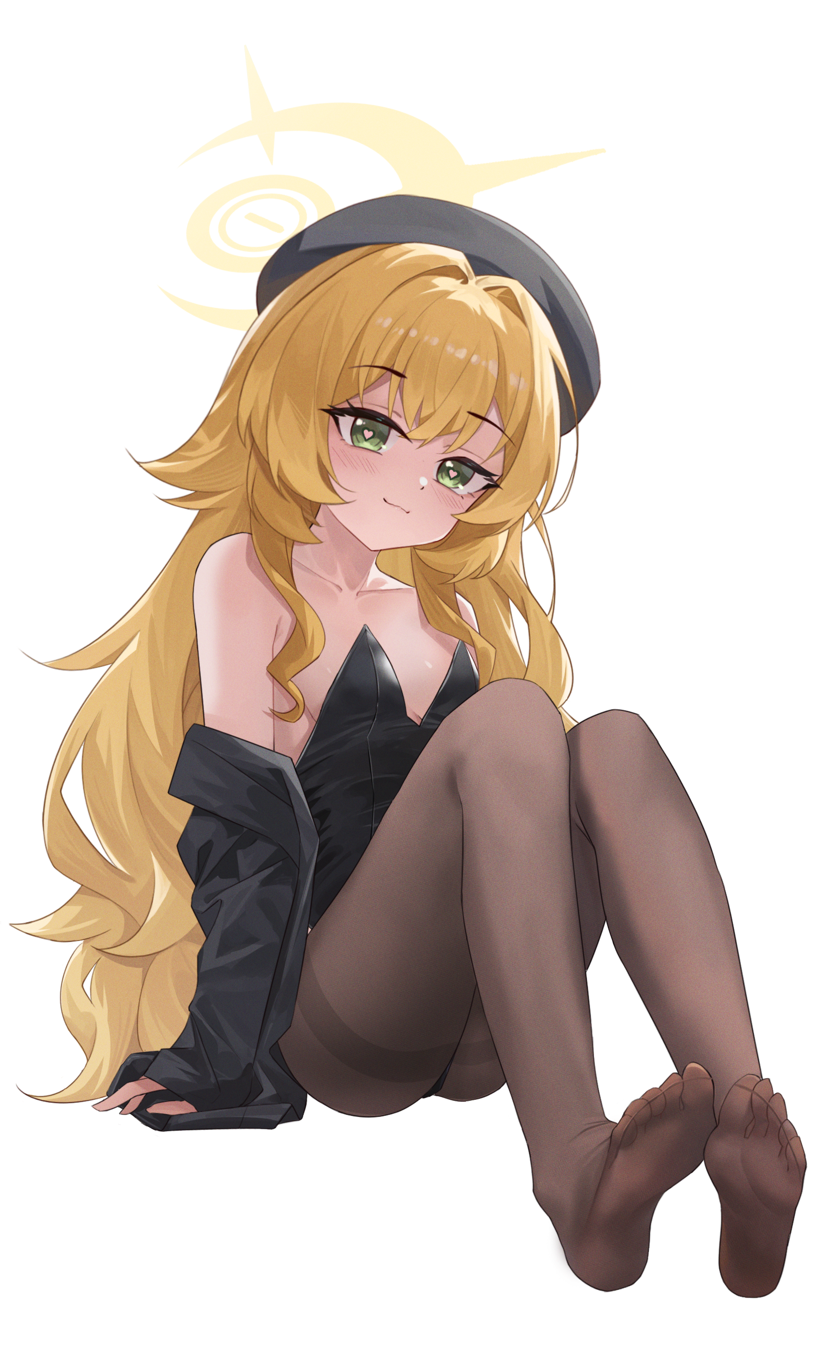 manjie, professor niyaniya (blue archive), blue archive, absurdres, commentary request, highres, 1girl, bare shoulders, beret, black jacket, black leotard, black pantyhose, blonde hair, breasts, green eyes, halo, hat, jacket, leotard, long hair, looking at viewer, no shoes, pantyhose, pink hair, simple background, small breasts, smile, soles, toes, very long hair, white background, yellow halo
