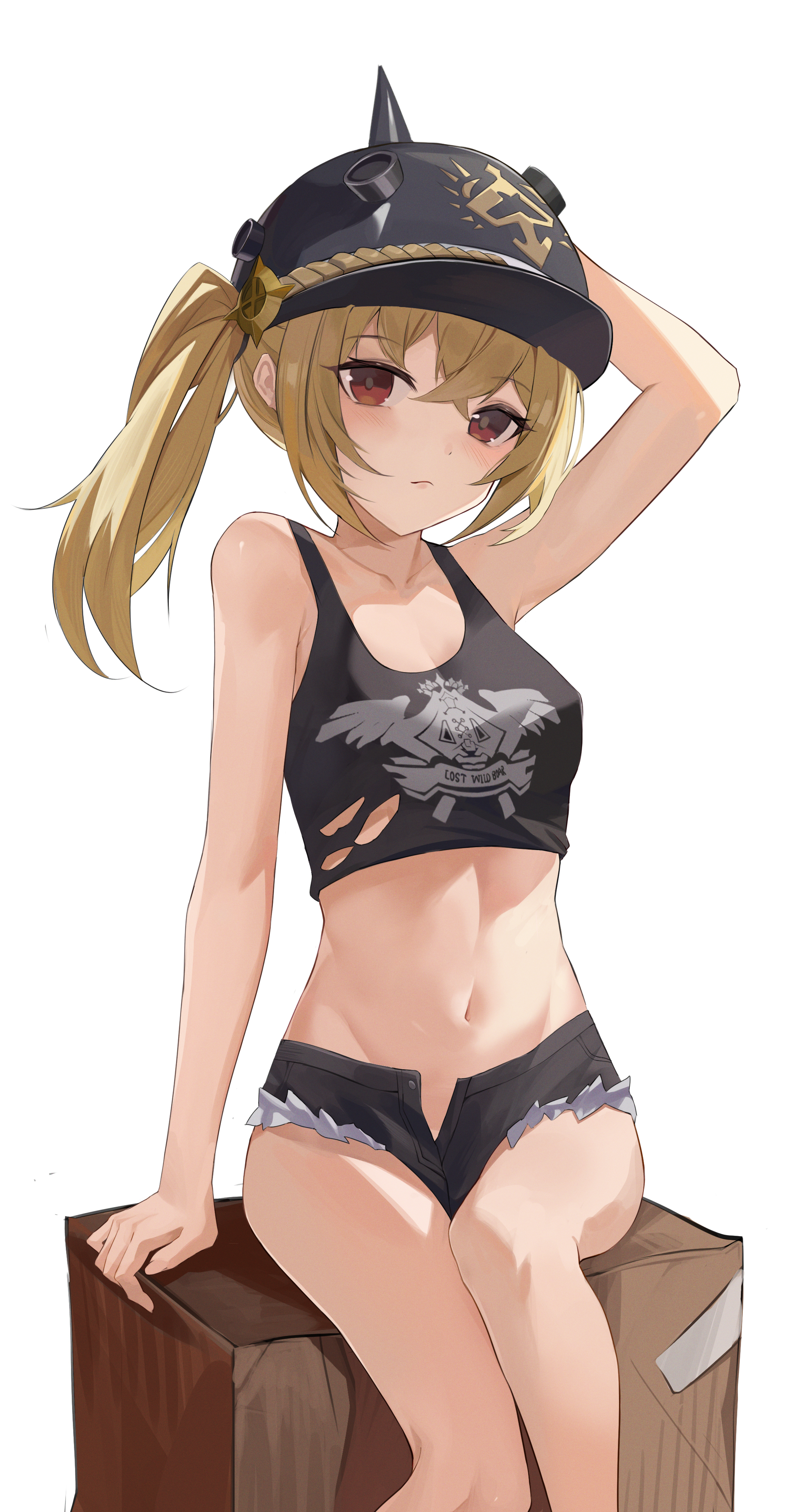 manjie, luciana de montefio, zenless zone zero, absurdres, commentary request, highres, 1girl, black shorts, black tank top, blonde hair, box, breasts, cardboard box, helmet, medium hair, motorcycle helmet, navel, red eyes, shirt, short shorts, shorts, side ponytail, sitting, sitting on object, small breasts, solo, stomach, tank top, torn clothes, torn shirt, unzipped