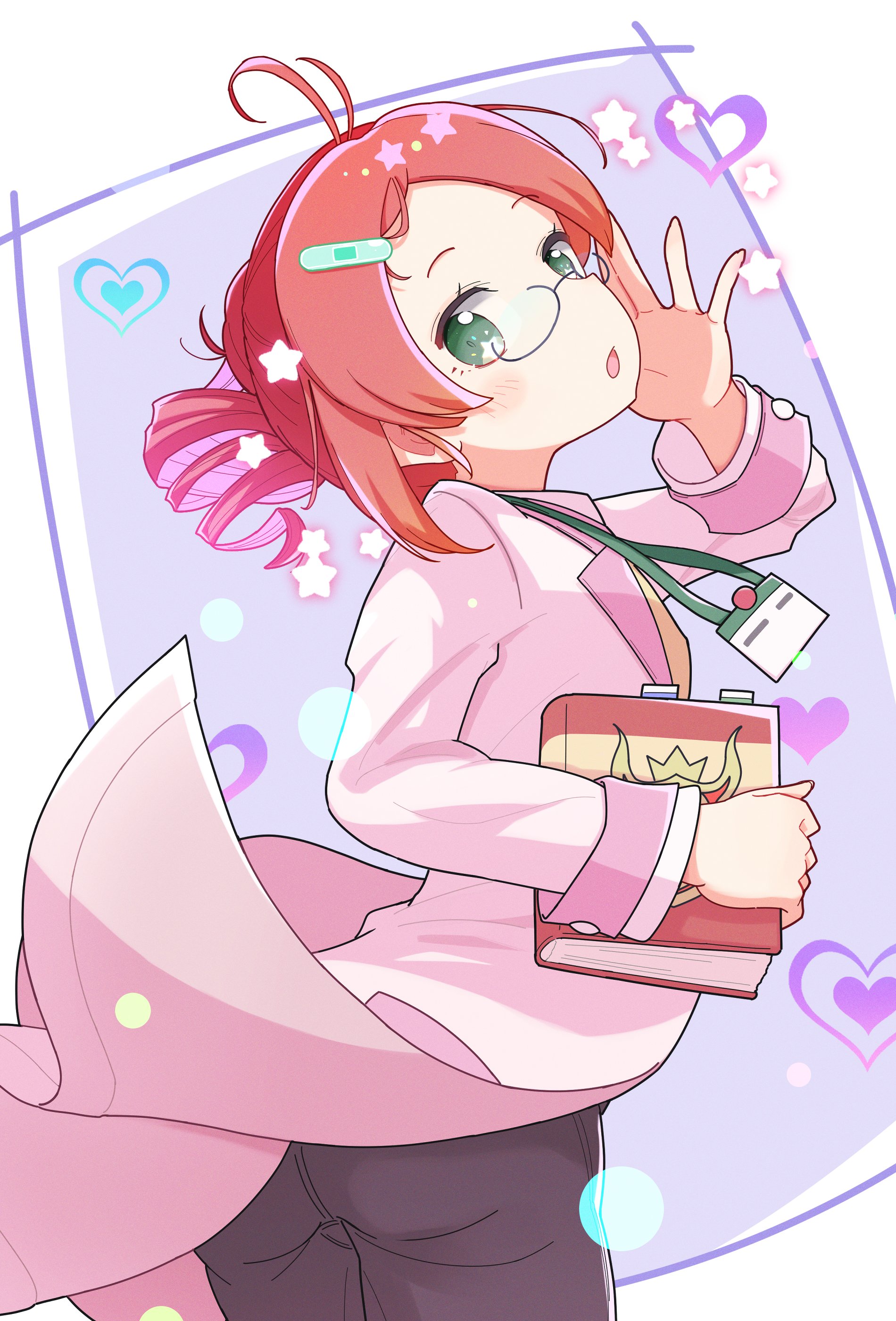 jazz grace, andou ringo, puyopuyo, puyopuyo 7, puyopuyo quest, absurdres, highres, adjusting eyewear, ahoge, blush, book, bookmark, drill hair, green eyes, hand on eyewear, heart, holding, holding book, id card, lab coat, lanyard, looking at viewer, open mouth, red hair, school emblem, short hair, sidelocks, sleeve cuffs, star (symbol), twin drills