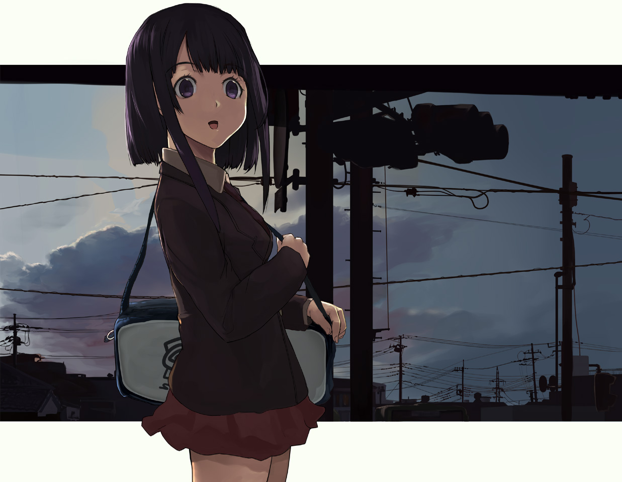 shirabi, original, bad id, bad pixiv id, 1girl, bag, black hair, blue eyes, city, cityscape, female focus, miniskirt, open mouth, power lines, school uniform, short hair, sidelocks, skirt, sky, solo, standing