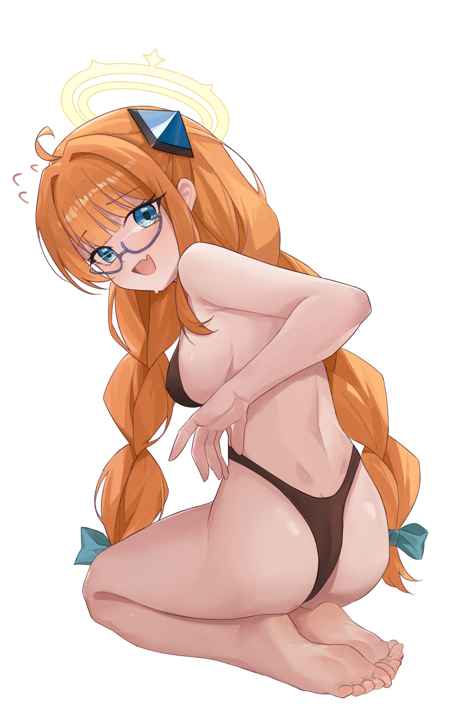 manjie, shimiko (blue archive), blue archive, commentary request, highres, 1girl, ahoge, ass, back, barefoot, black bra, black panties, blue eyes, blush, bra, braid, breasts, fang, glass, halo, large breasts, long hair, open mouth, orange hair, panties, seiza, simple background, sitting, skin fang, soles, solo, twin braids, underwear, very long hair, white background, yellow halo