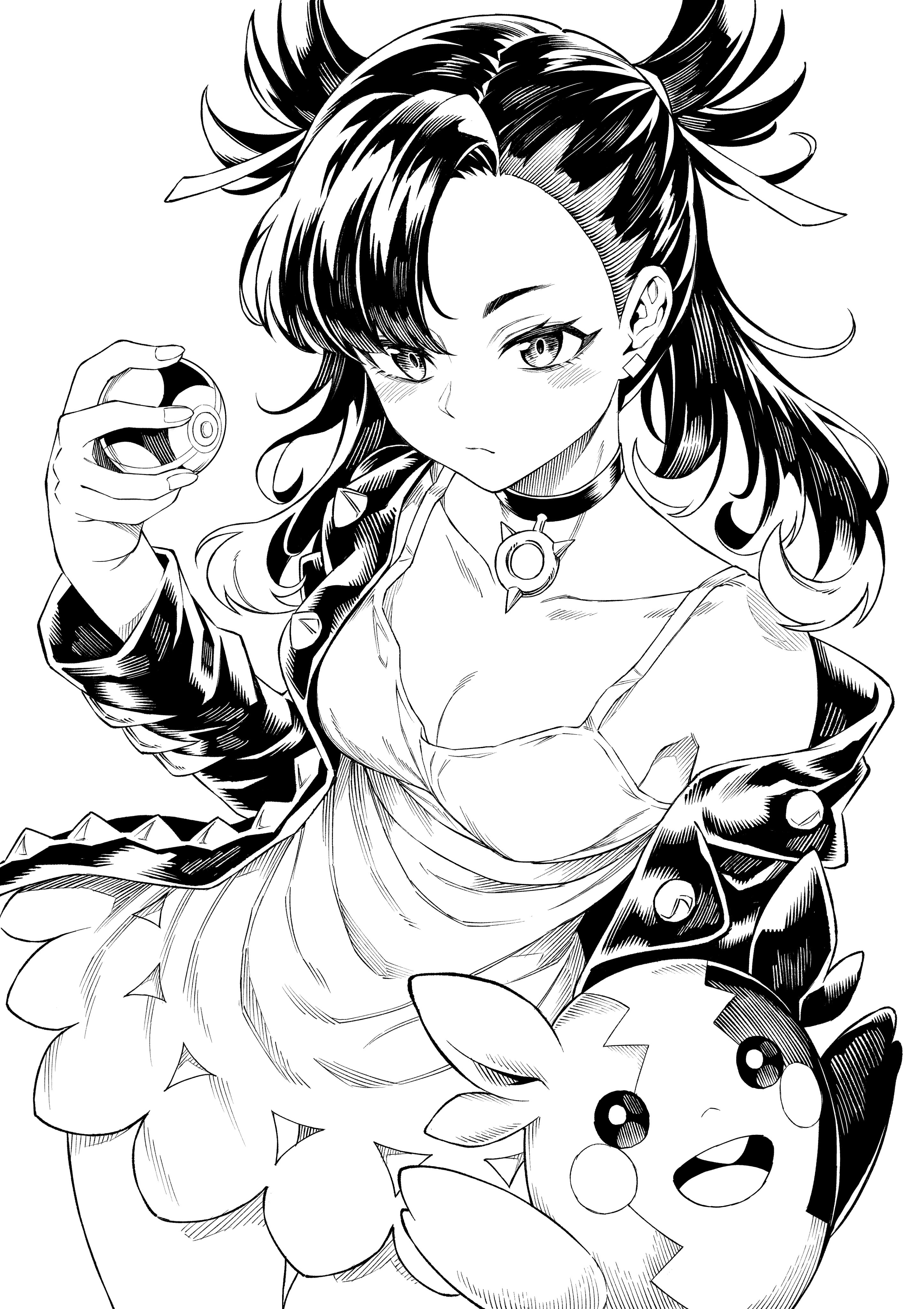 ayumuhotaka, marnie (pokemon), morpeko, morpeko (full), nintendo, pokemon, pokemon swsh, absurdres, highres, 1girl, asymmetrical bangs, blush, breasts, choker, cleavage, closed mouth, collarbone, dress, gen 8 pokemon, greyscale, hair ribbon, holding, holding poke ball, jacket, looking at viewer, medium breasts, monochrome, poke ball, pokemon (creature), ribbon, simple background, sleep molestation, thighs, twintails, undercut, white background