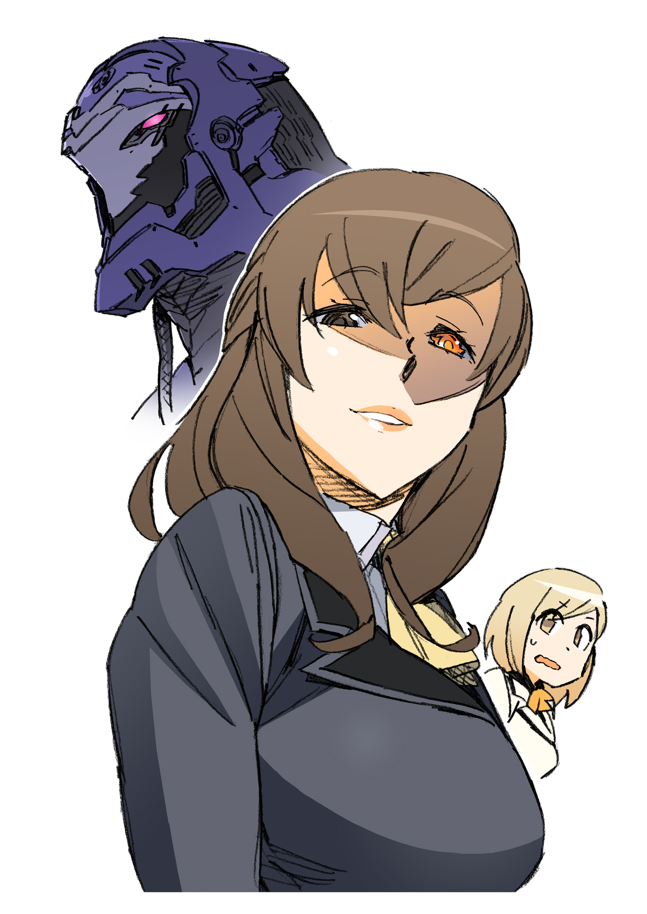 katou haruaki, hirano aya, kujou miu, nonomura ayumi, painkiller, hyakko, kurogane no linebarrel, bad id, bad pixiv id, highres, official art, 00s, 2girls, blazer, breasts, brown eyes, brown hair, crossover, heterochromia, jacket, large breasts, lipstick, makeup, mecha, multiple girls, orange eyes, robot, school uniform, voice actor connection, wavy mouth
