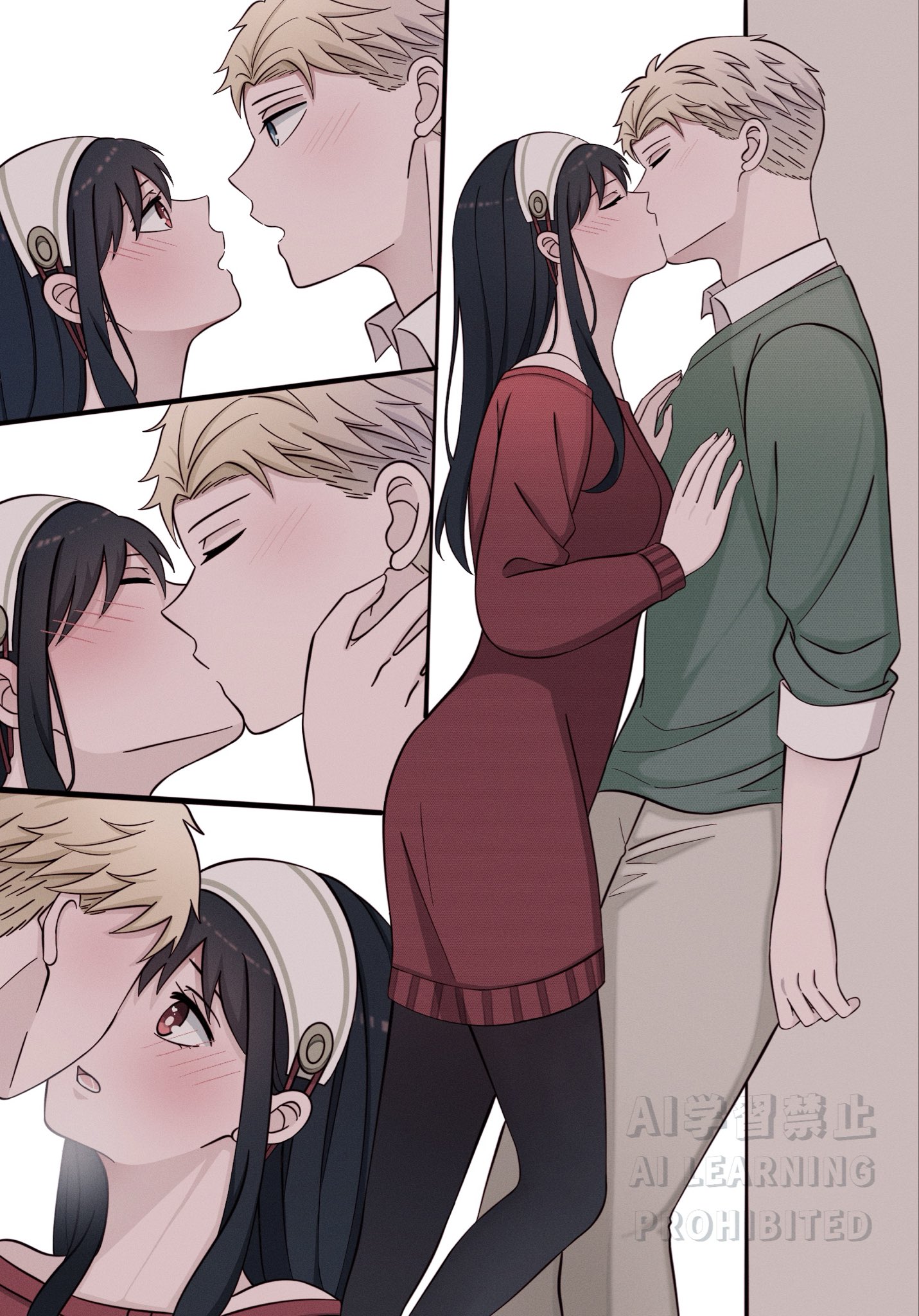 botchinako, twilight (spy x family), yor briar, spy x family, highres, 1boy, 1girl, black hair, blonde hair, blush, couple, dress, kiss, pantyhose, red sweater, sweater, two-sided dress, two-sided fabric, watermark