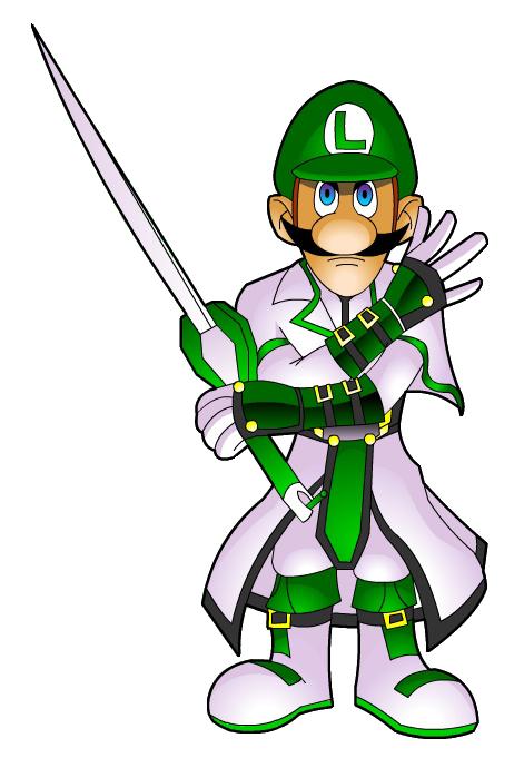ky kiske, luigi, arc system works, guilty gear, mario (series), nintendo, 1boy, cosplay, crossover, full body, ky kiske (cosplay), male focus, parody, simple background, solo, sword, toon (style), weapon, white background