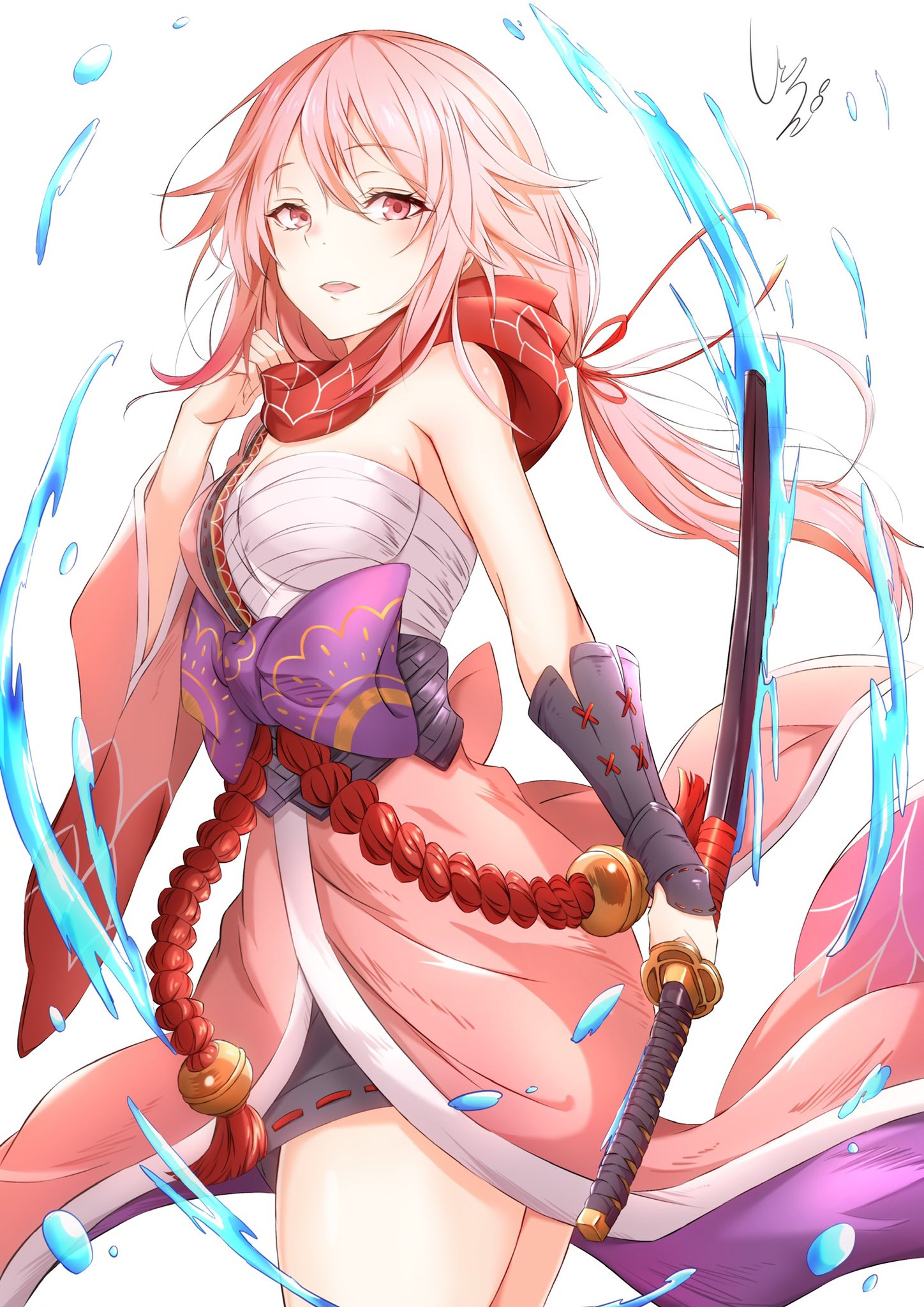 citron 0225, yuzuriha inori, granblue fantasy, guilty crown, commentary request, highres, 1girl, :d, alternate costume, alternate hairstyle, chest sarashi, cowboy shot, from side, hair tie, katana, long hair, looking at viewer, open mouth, pink hair, purple sash, red eyes, red rope, rope, sarashi, sash, scarf, simple background, single arm guard, single bare shoulder, smile, solo, sword, upper body, water, weapon, white background