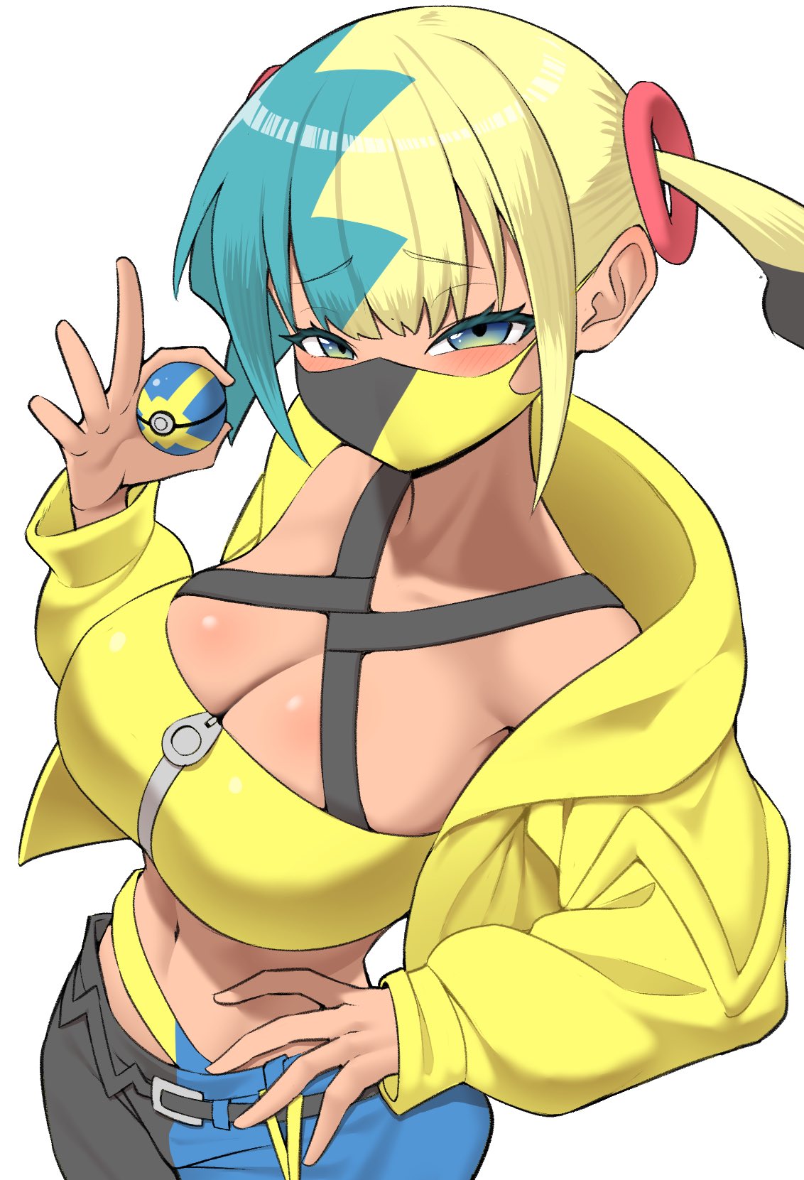 pero (pero7762), canari (pokemon), nintendo, pokemon, pokemon legends: z-a, commentary request, highres, 1girl, alternate breast size (larger), black mask, blonde hair, blue eyes, blue hair, blush, breasts, criss-cross straps, hand on own hip, jacket, large breasts, long sleeves, looking at viewer, mask, midriff, mouth mask, multicolored hair, navel, open clothes, open jacket, pants, poke ball, quick ball, raised eyebrows, simple background, solo, split-color hair, two-tone mask, white background, yellow jacket, yellow mask