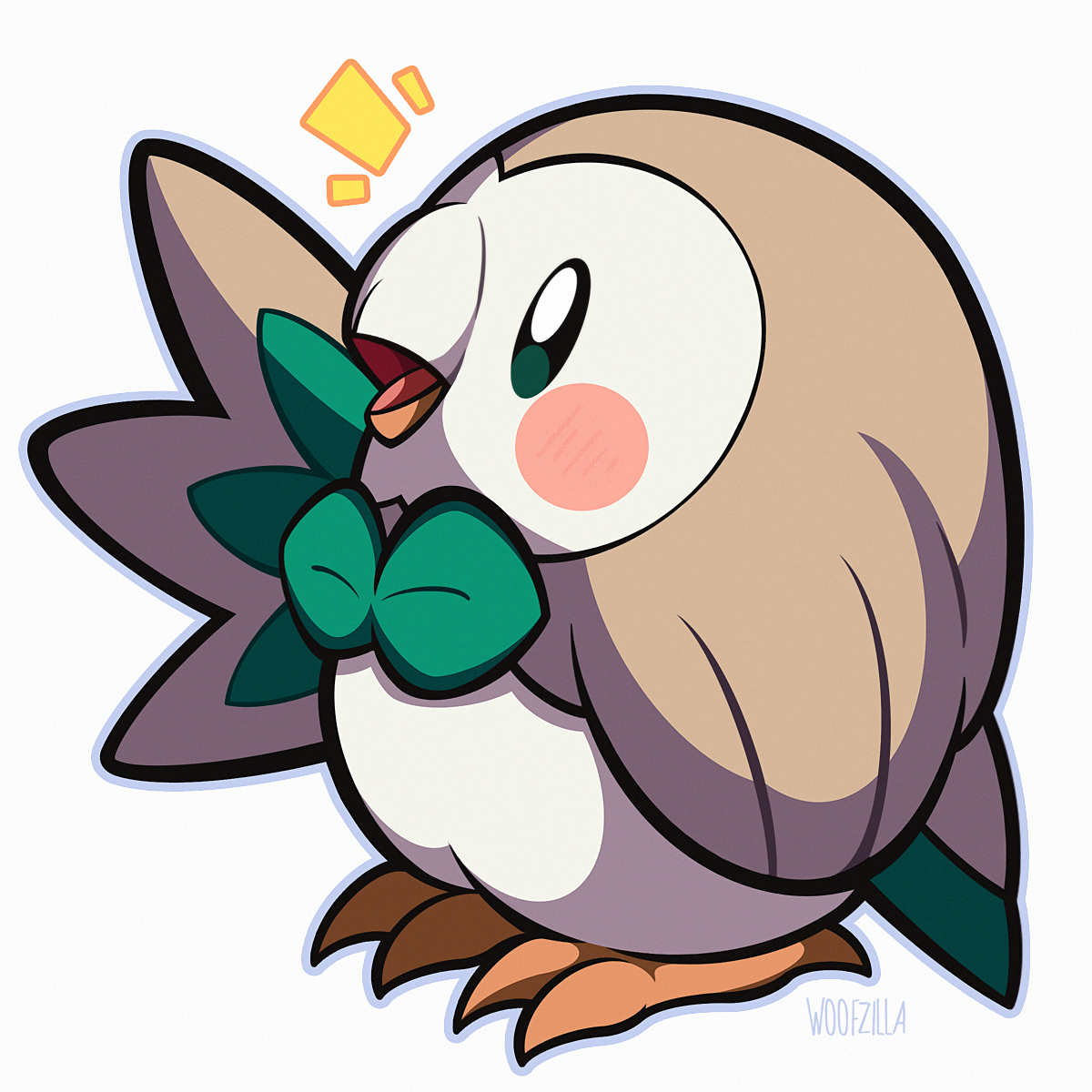woofzilla, rowlet, nintendo, pokemon, commentary, english commentary, highres, blush stickers, bright pupils, full body, gen 7 pokemon, grey outline, looking ahead, no humans, open mouth, outline, pokemon (creature), simple background, solo, white background, white pupils