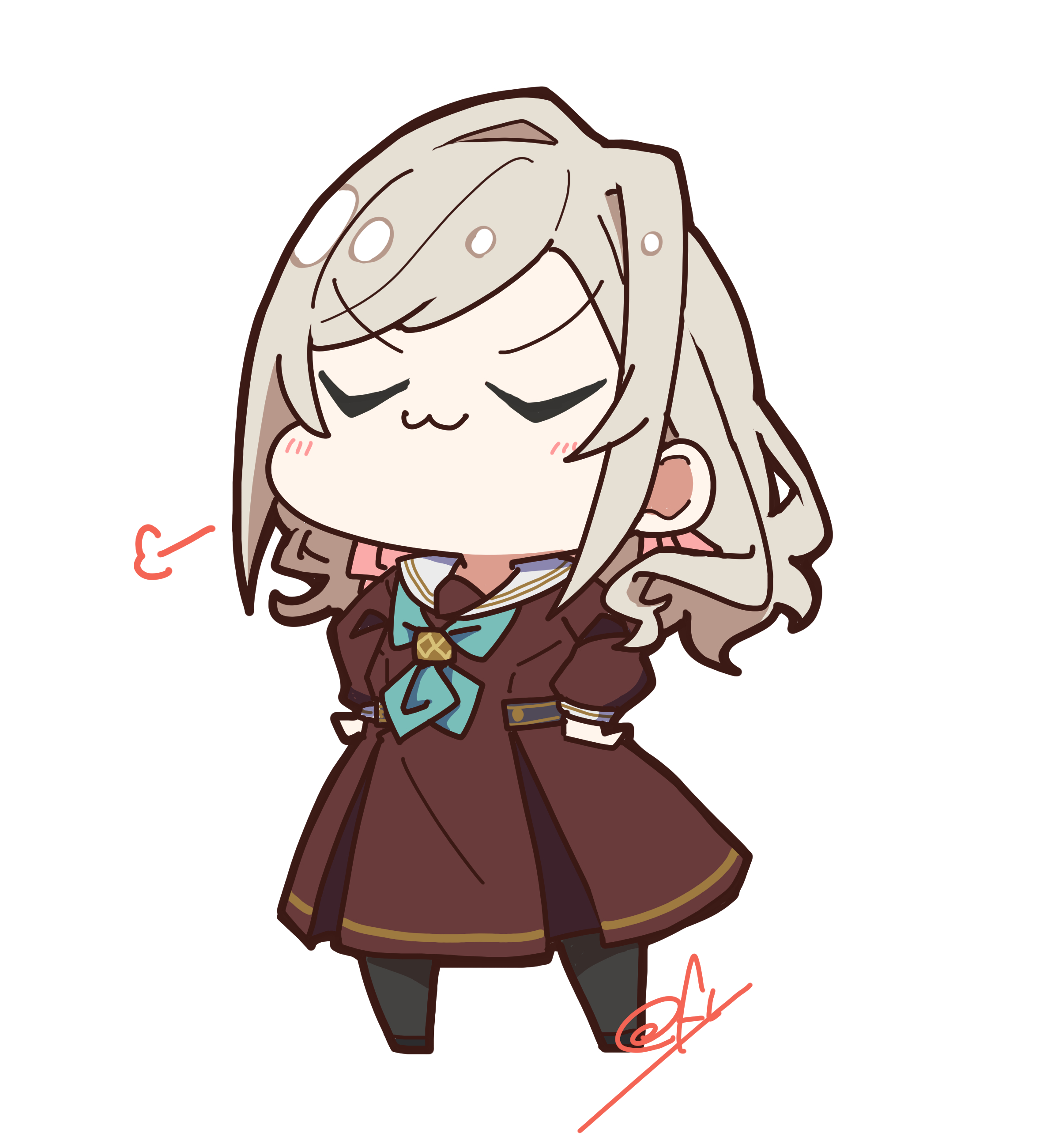 oofushi ao, ceras yanagida lilienfeld, link! like! love live!, love live!, absurdres, highres, 1girl, :3, aqua neckerchief, black pantyhose, black shoes, brown dress, chibi, chibi only, closed eyes, closed mouth, dress, hands on own hips, hasu no sora school uniform, long sleeves, neckerchief, pantyhose, puff of air, sailor collar, sailor dress, school uniform, shoes, signature, simple background, smile, solo, u u, v-shaped eyebrows, virtual youtuber, white background, white sailor collar, winter uniform