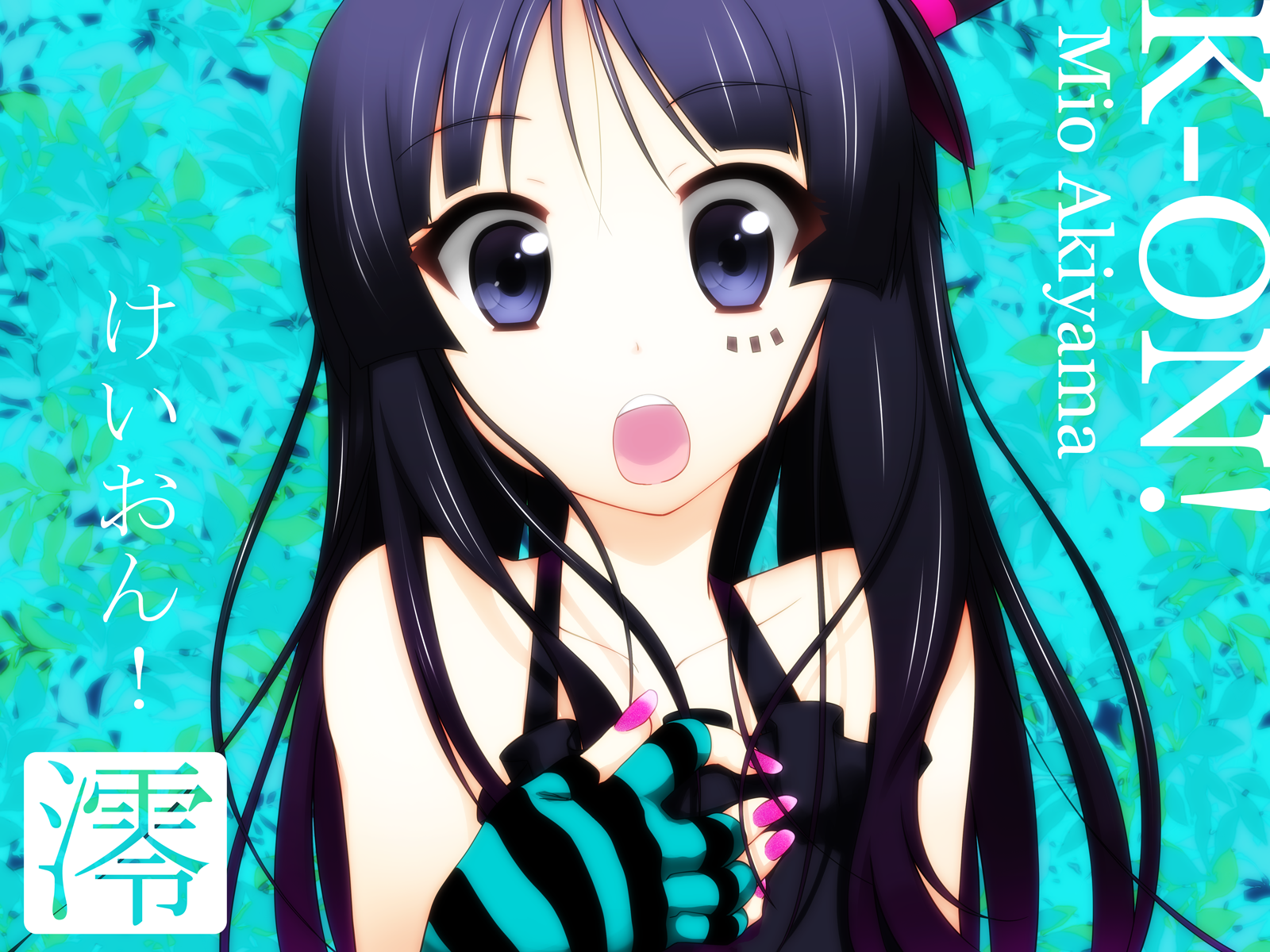 akino sora, akiyama mio, don't say "lazy", k-on!, highres, 00s, 1girl, bare shoulders, blunt bangs, dress, elbow gloves, facepaint, female focus, fingerless gloves, gloves, hat, hime cut, nail polish, open mouth, pink nails, purple eyes, purple hair, solo