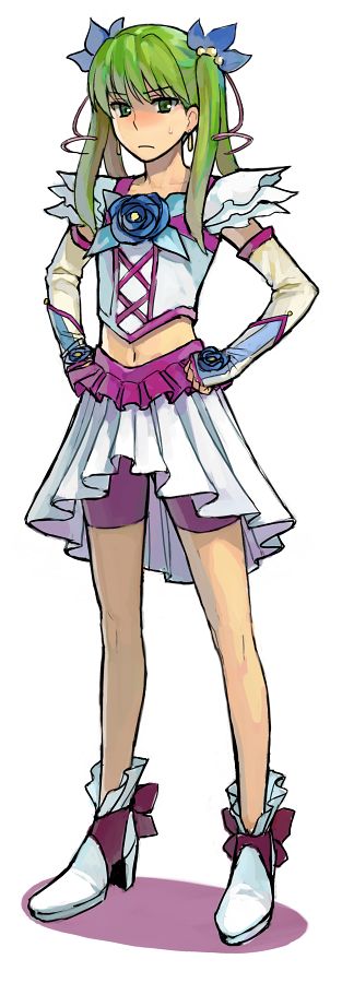 b suke, katsuragi chikagi, mahou tsukai no hako, commentary request, 1girl, bike shorts under skirt, detached sleeves, earrings, flat chest, frown, full body, green eyes, green hair, hands on own hips, high heels, jewelry, midriff, miniskirt, navel, purple shorts, shoes, shorts, skirt, solo, sweatdrop, twintails, white shoes, white skirt