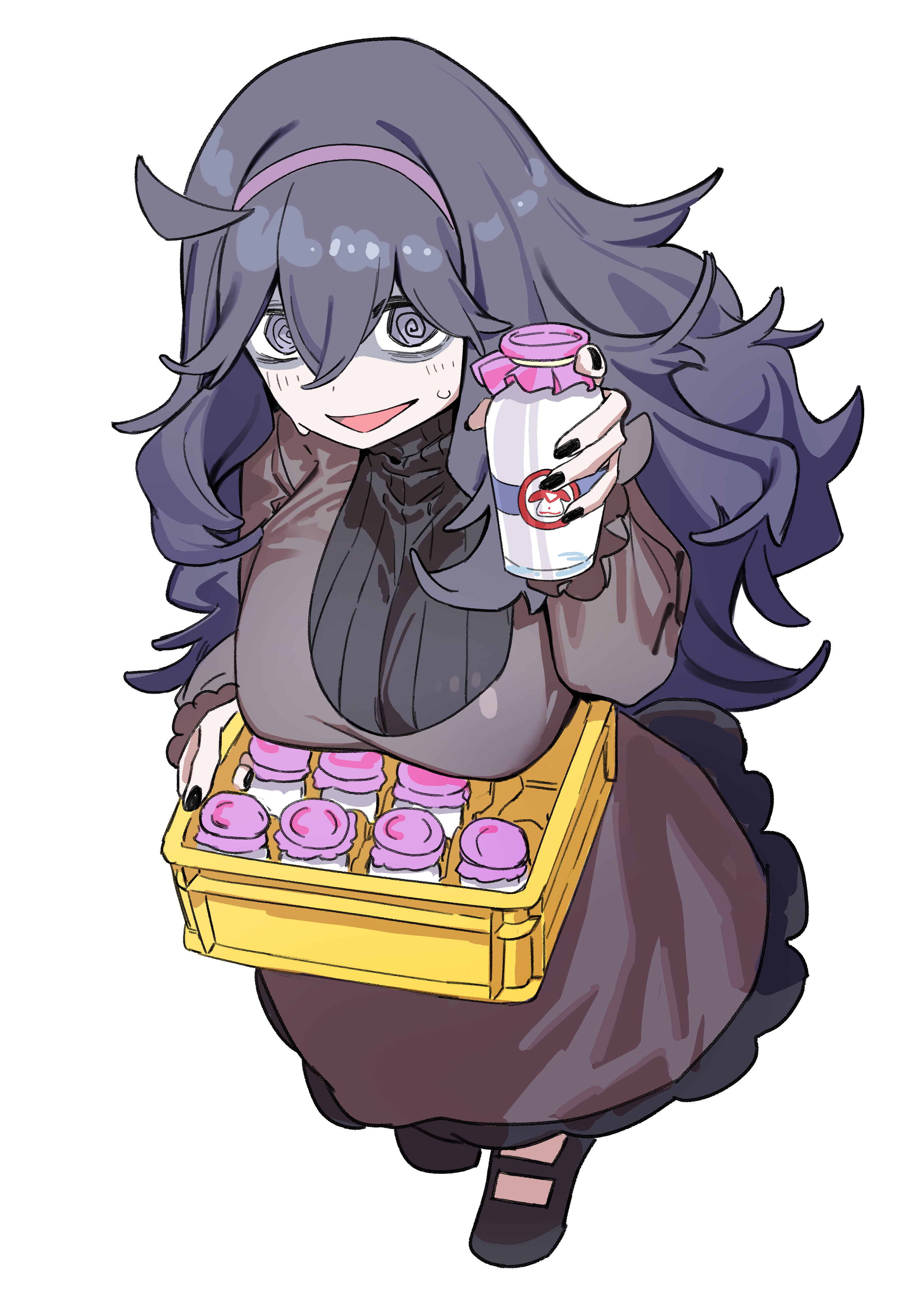 haruyuki (gffewuoutgblubh), hex maniac (pokemon), hex maniac (pokemon xy), nintendo, pokemon, pokemon xy, absurdres, highres, 1girl, @ @, ahoge, alternate breast size (larger), bags under eyes, black hair, blush, bottle, breasts, dress, hair between eyes, hairband, holding, large breasts, long dress, long hair, long sleeves, looking at viewer, messy hair, milk bottle, moomoo milk, open mouth, pantyhose, purple dress, purple eyes, purple hair, purple hairband, purple nails, solo