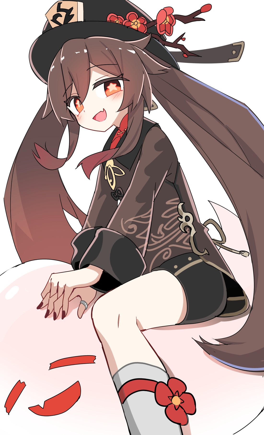 e.o., boo tao (genshin impact), hu tao (genshin impact), genshin impact, chinese commentary, commentary, highres, 1girl, :d, black hat, black shorts, blush, brown eyes, brown hair, brown shirt, chinese clothes, fang, feet out of frame, fingernails, flower, ghost, hair between eyes, hat, hat flower, jewelry, long hair, long sleeves, looking at viewer, nail polish, open mouth, own hands together, plum blossoms, porkpie hat, red flower, red nails, ring, shirt, short shorts, shorts, sidelocks, simple background, sitting, skin fang, smile, socks, solo, star-shaped pupils, star (symbol), symbol-shaped pupils, thumb ring, twintails, very long hair, white background, white socks