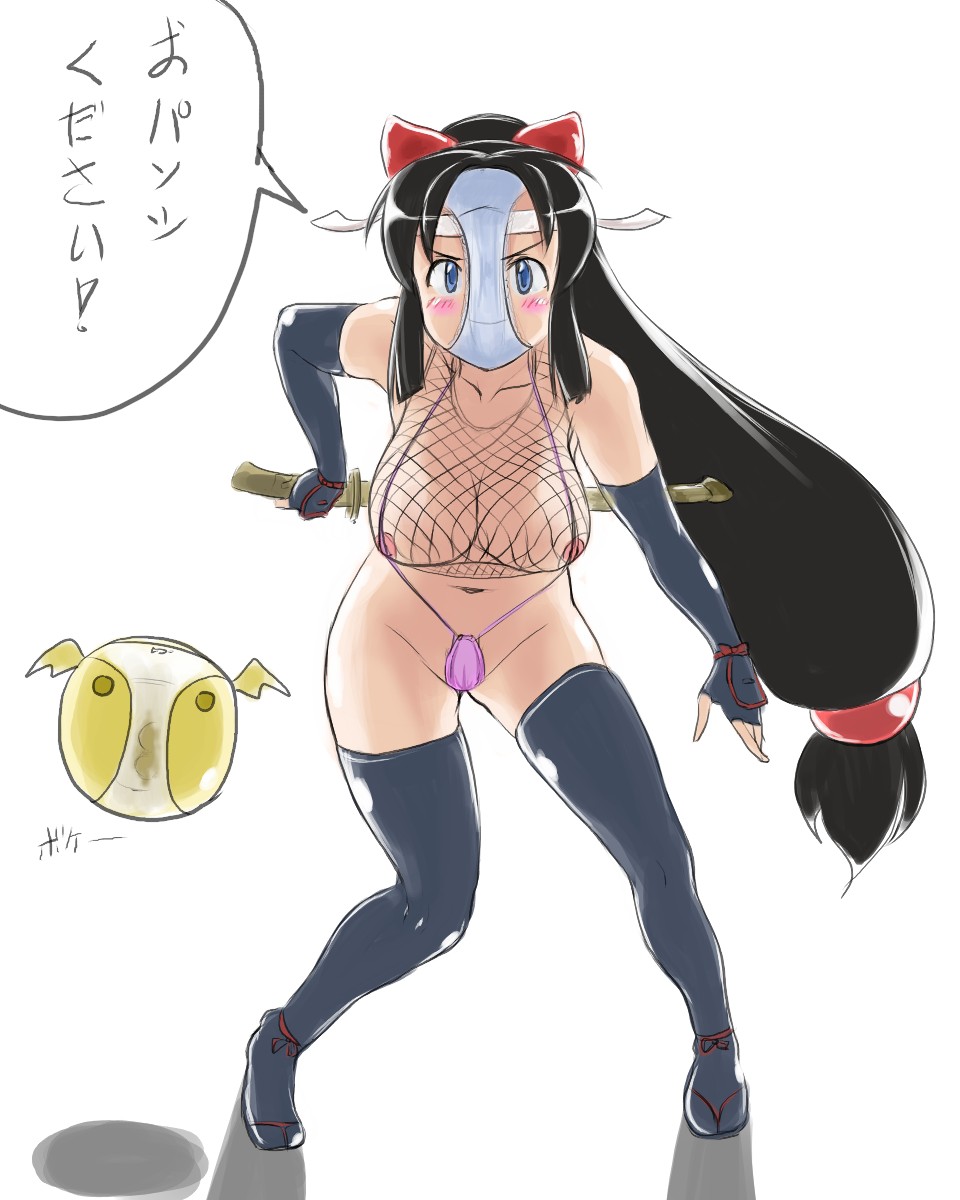 saruanu, onsokumaru, shinobu (ninin ga shinobuden), hentai kamen, ninin ga shinobuden, bad id, bad pixiv id, highres, translation request, 00s, 1girl, black hair, black thighhighs, blue eyes, blunt bangs, blush, breasts, elbow gloves, female focus, fingerless gloves, fishnet top, fishnets, gloves, hair ornament, headband, large breasts, legs, long hair, low-tied long hair, navel, ninja, object on head, panties, panties on head, ponytail, slingshot swimsuit, solo, sphere hair ornament, swimsuit, text focus, thighhighs, underwear, very long hair