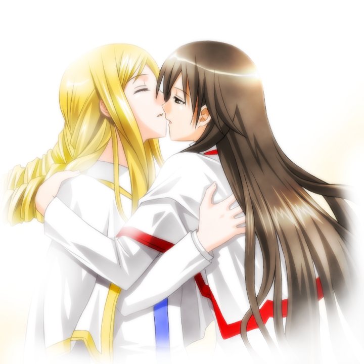umekichi, akira ferrari, alicia florence, aria (manga), bad id, bad pixiv id, 00s, 2girls, blonde hair, brown eyes, brown hair, closed eyes, high collar, hug, imminent kiss, kiss, long hair, multiple girls, open mouth, see-through clothes, yuri