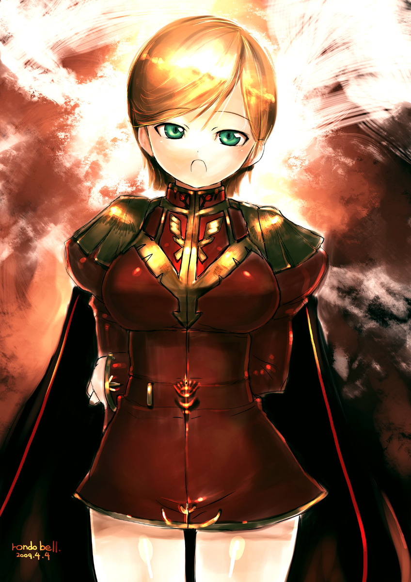 rondo bell, mineva lao zabi, gundam, zeta gundam, bad id, bad pixiv id, highres, 1girl, blonde hair, cape, dress, female focus, green eyes, no legwear, short dress, short hair, solo