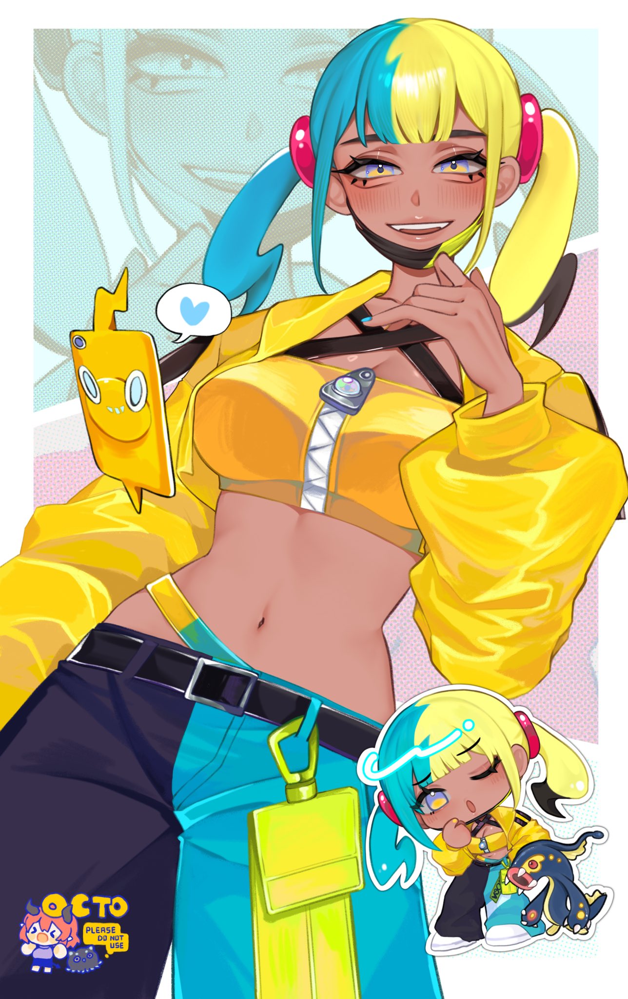 octoboo, canari (pokemon), eelektross, rotom, rotom phone, nintendo, pokemon, pokemon legends: z-a, commentary, english commentary, highres, 1girl, ;o, aqua hair, bandeau, black hair, black pants, blonde hair, blue pants, blush, breasts, chibi, dark-skinned female, dark skin, gen 4 pokemon, gen 5 pokemon, heart, jacket, looking at viewer, mask, mask pull, medium breasts, medium hair, midriff, mouth mask, multicolored hair, navel, one eye closed, open mouth, pants, pokemon (creature), smile, solo, spoken heart, teeth, two-tone mask, two-tone pants, upper teeth only, yellow bandeau, yellow eyes, yellow jacket, zoom layer