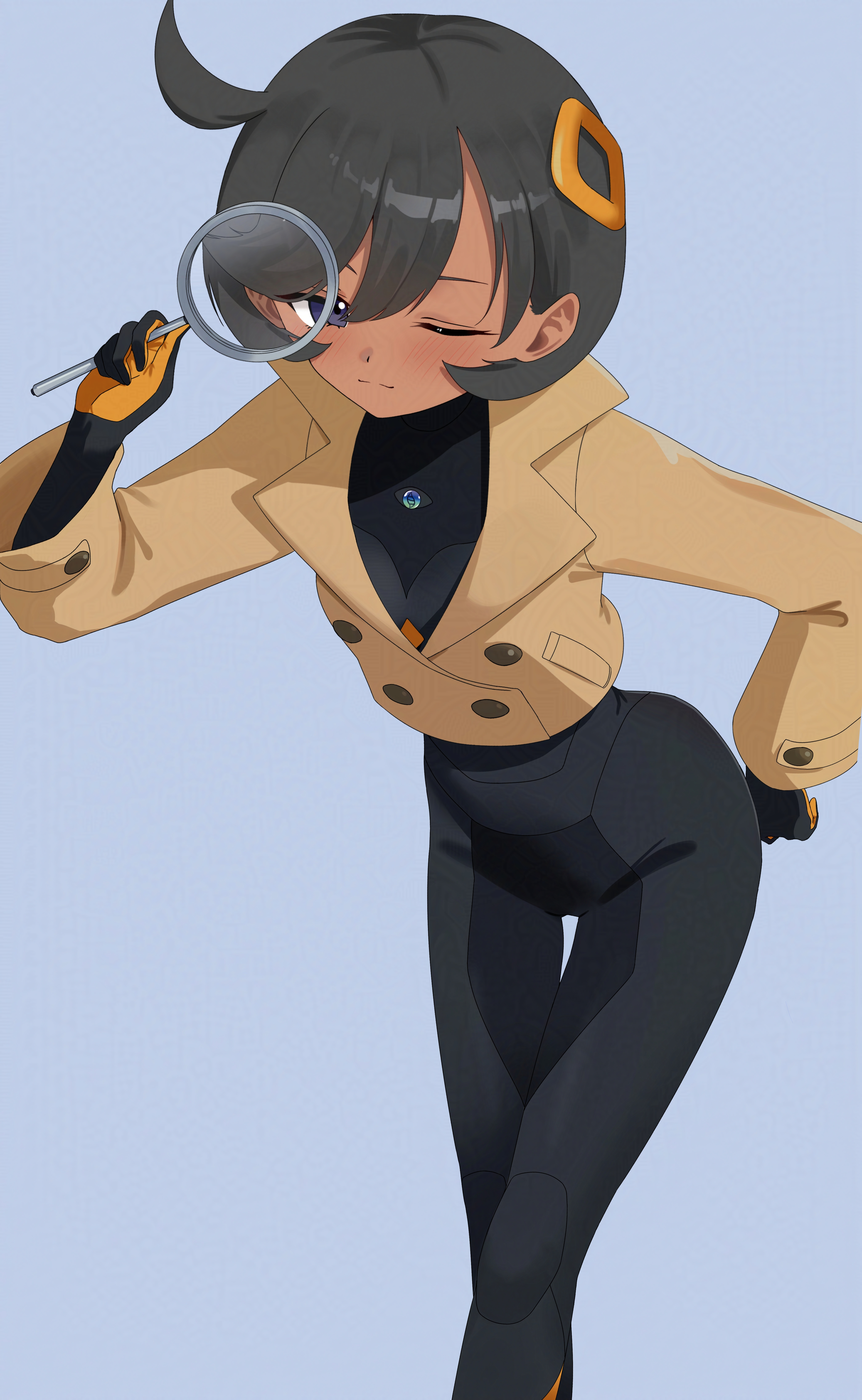 d (delt4), emma (pokemon), nintendo, pokemon, pokemon legends: z-a, absurdres, highres, 1girl, :3, aged up, black bodysuit, black gloves, black hair, blush, bodysuit, bodysuit under clothes, breasts, brown jacket, closed mouth, cowlick, dark-skinned female, dark skin, gloves, hair between eyes, hair ornament, hand on own hip, holding, holding magnifying glass, jacket, latex, latex bodysuit, leaning forward, long sleeves, looking at viewer, magnifying glass, mega stone, one eye closed, orange gloves, purple eyes, short hair, sidelocks, simple background, small breasts, solo, standing, swept bangs, thigh gap, two-tone gloves