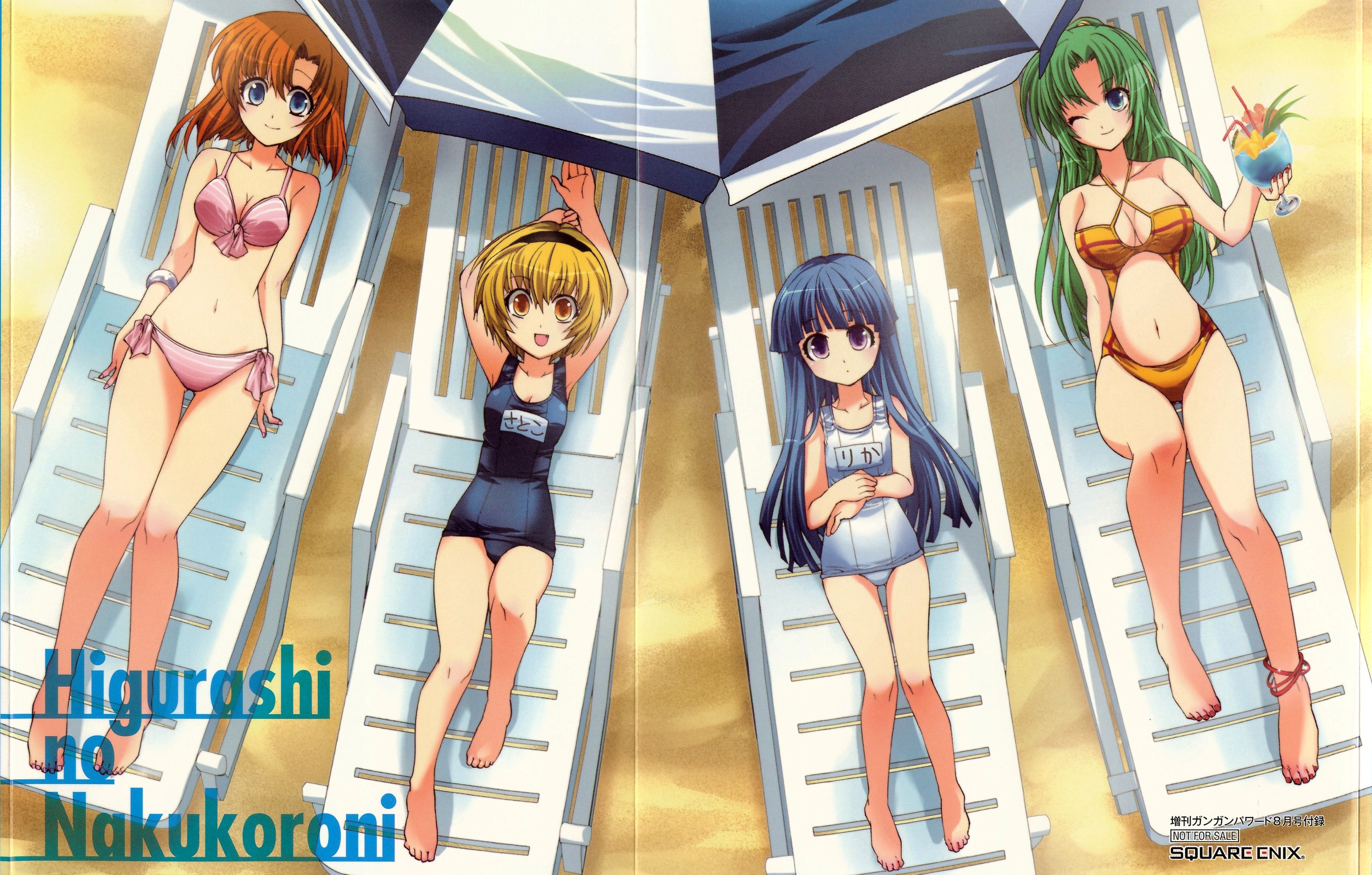 suzuragi karin, furude rika, houjou satoko, ryuuguu rena, sonozaki mion, higurashi no naku koro ni, highres, scan, 00s, 4girls, anklet, armpits, arms up, barefoot, beach, bikini, blonde hair, blue eyes, blue hair, breasts, chair, child, cleavage, crease, drink, feet, flat chest, from above, front-tie top, green hair, hairband, holding, jewelry, large breasts, legs, long hair, lounge chair, lying, medium breasts, multiple girls, nail polish, navel, on back, one-piece swimsuit, one eye closed, orange hair, purple eyes, red nails, sand, school swimsuit, short hair, side-tie bikini bottom, small breasts, smile, striped bikini, striped clothes, swimsuit, thigh gap, toenail polish, toenails, umbrella, white one-piece swimsuit, white school swimsuit, wink, yellow eyes