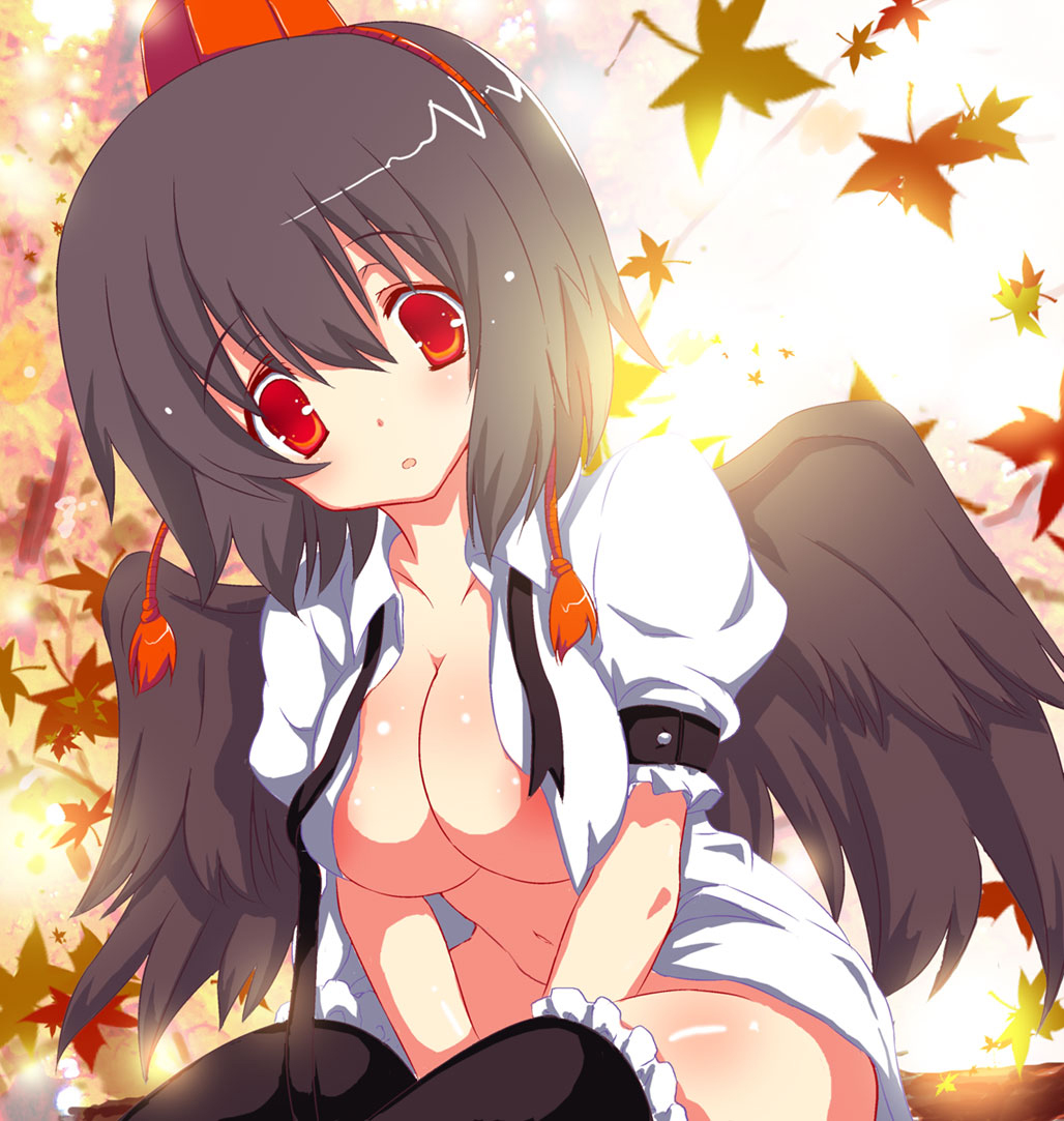 kurokawa izumi, shameimaru aya, touhou, bad id, bad pixiv id, 1girl, black wings, breasts, cleavage, female focus, hat, head tilt, large breasts, looking at viewer, open clothes, open shirt, parted lips, red eyes, shirt, solo, thighhighs, wings