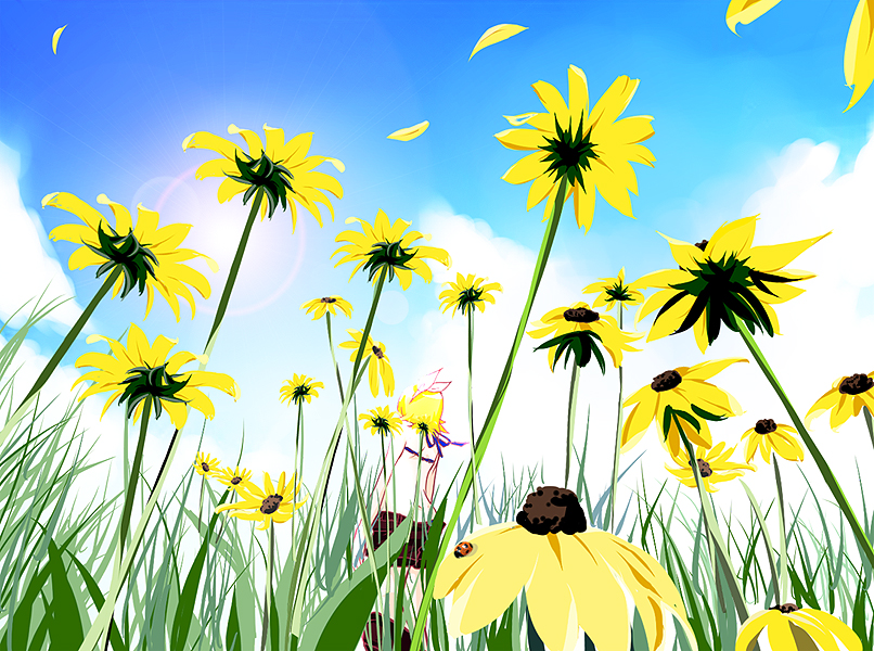 yoko (kokoneko), yoko (pixiv61314), kagamine rin, noroi no megane (vocaloid), vocaloid, bad id, bad pixiv id, 1girl, back, blonde hair, bug, cloud, day, female focus, field, flower, insect, ladybug, sky, solo, sunflower
