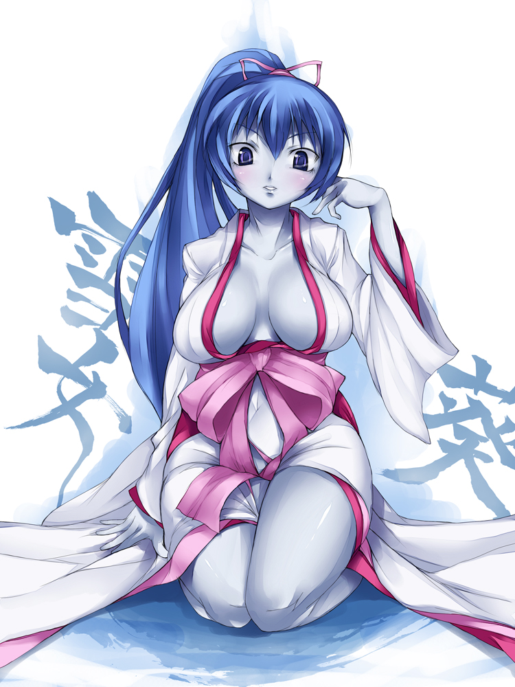 imazon, aoi (gegege no kitarou), gegege no kitarou, toei company, bad id, bad pixiv id, 1girl, blue hair, blue skin, breasts, colored skin, female focus, japanese clothes, large breasts, no bra, ponytail, solo, yuki onna