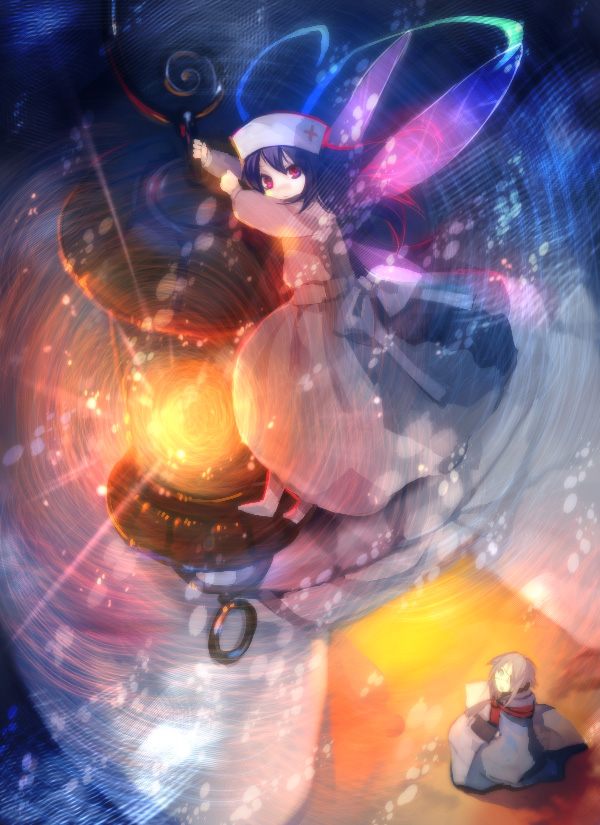 kyouka hatori, pixiv fantasia, pixiv fantasia 3, 1girl, blue hair, dress, fairy, female focus, gigandal federation, lantern, long hair, nurse, red eyes, robe, skirt, solo, wings