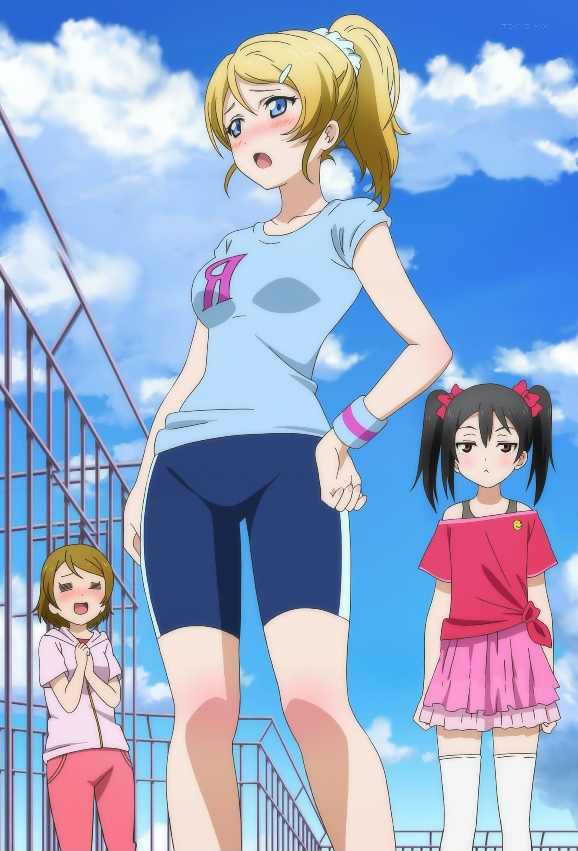 ayase eli, koizumi hanayo, yazawa nico, love live!, love live! school idol festival, love live! school idol project, absurdres, anime screenshot, highres, stitched, third-party edit, 3girls, :<, :d, = =, bike shorts, black hair, blonde hair, blue bike shorts, blue eyes, blush, breasts, closed eyes, cloud, day, green hair, hair ornament, hairclip, hand on own hip, hood, hoodie, looking at viewer, looking to the side, multiple girls, off shoulder, open mouth, pants, ponytail, railing, red eyes, rooftop, shirt, skirt, sky, smile, t-shirt, thighhighs, tied shirt, twintails