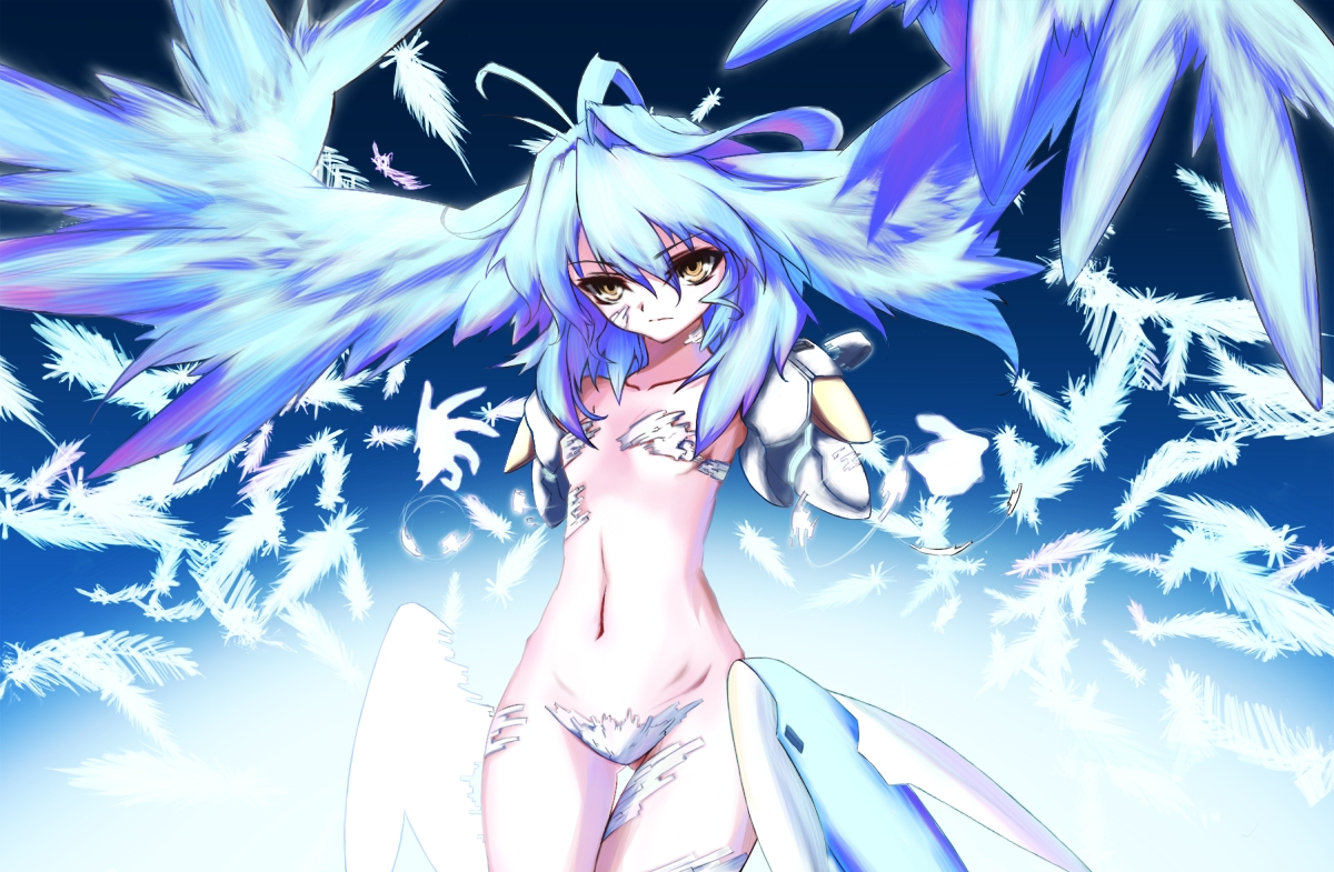 splatlese, crescens, emerada (xenogears), xenogears, no arms, bad id, bad pixiv id, feathers, long hair, mecha musume, navel, solo, torn clothes, yellow eyes
