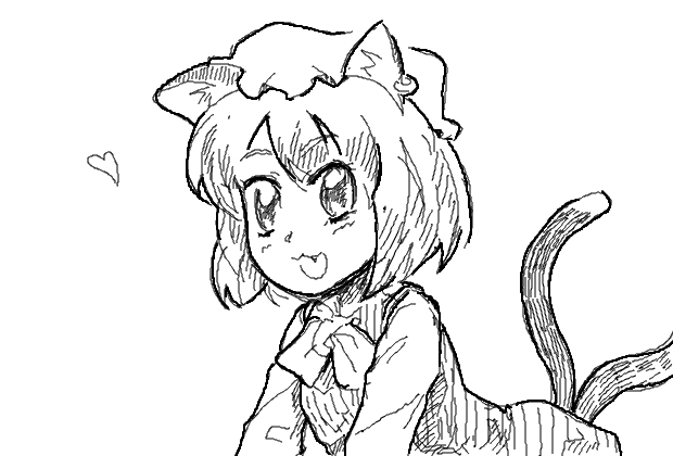 bkub, chen, touhou, 1girl, animal ears, cat ears, cat girl, cat tail, earrings, female focus, greyscale, hat, jewelry, monochrome, multiple tails, simple background, solo, tail, two tails, white background