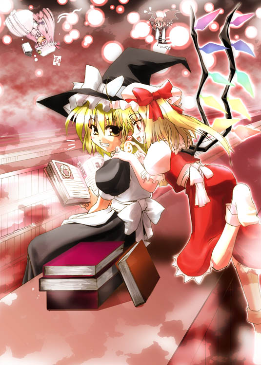 flandre scarlet, kirisame marisa, koakuma, patchouli knowledge, embodiment of scarlet devil, touhou, 4girls, blonde hair, blush, crystal, demon wings, female focus, flying, full body, hat, looking at viewer, looking back, multiple girls, red eyes, sitting, tareme, waitress, wings, witch hat