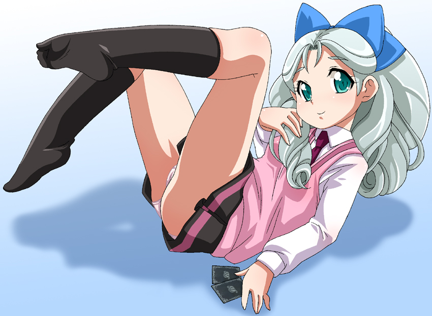 nori (akusei shinseibutsu), sawaragi kyouka, battle spirits, battle spirits: shounen toppa bashin, 00s, 1girl, aqua eyes, artistic error, ass, bad anatomy, bad feet, bow, cameltoe, card, drill hair, feet, female focus, flat chest, green eyes, hair bow, legs, legs up, long hair, lying, necktie, on back, panties, pantyshot, poorly drawn, school uniform, shadow, skirt, smile, socks, solo, sweater vest, underwear, white hair, white panties