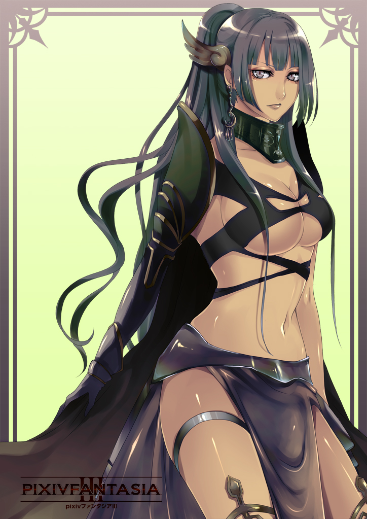 nicole pmonachi, pixiv fantasia, pixiv fantasia 3, 1girl, armor, black hair, breasts, cape, dark-skinned female, dark skin, earrings, female focus, gauntlets, grey eyes, hair ornament, head wings, jewelry, large breasts, long hair, midriff, mole, mole under eye, navel, ponytail, solo, very long hair, wing hair ornament, wings