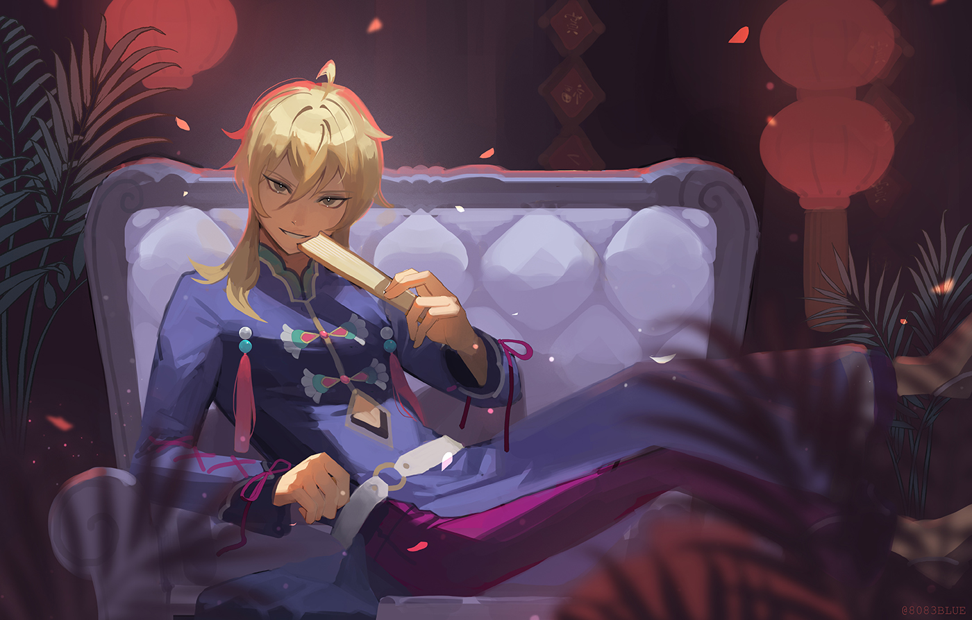 8083 blue, hakaze kaoru, ensemble stars!, 1boy, blonde hair, blue shirt, chinese clothes, hair between eyes, hand fan, holding, holding fan, indoors, lantern, long hair, long sleeves, looking at viewer, male focus, paper lantern, parted lips, perplex (ensemble stars!), shirt, sitting, sitting sideways, solo
