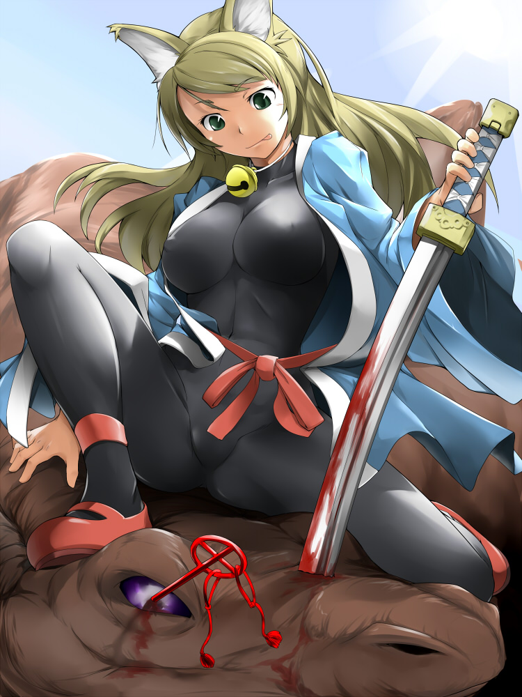 hiru okita, nekomura, namuna (7th dragon), samurai (7th dragon), 7th dragon, 7th dragon (series), 1girl, :p, animal ears, anklet, bell, blonde hair, blood, bodysuit, bow, breasts, cleavage, collar, covered erect nipples, defeat, female focus, fox ears, green eyes, jewelry, katana, large breasts, latex, long hair, monster, samurai, shoes, skin tight, solo, stab, sword, tongue, tongue out, weapon